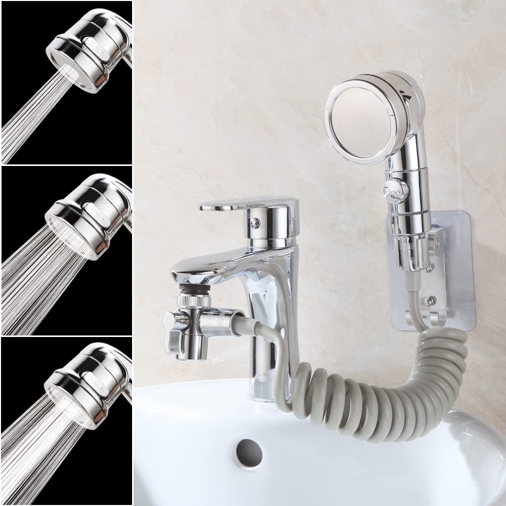 Faucet Sink Sprayer Attachment Hair Rinser Handheld Shower Head with Stop Water Saving Function, Three Outlet Patterns Clean Hose Shower Kit with Universal Adapter (4)