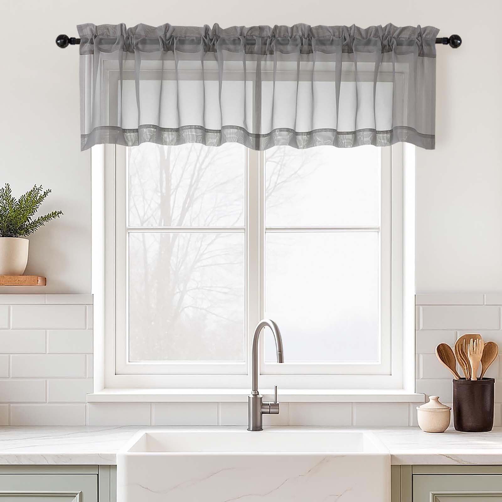 Ebesto Grey Valances for Windows 14 inch Length 2 Panels, Small Voile Sheer Curtains for Bathroom, Soft Fabric Light Filtering Kitchen Curtains, Dual Rod Pocket, Charcoal Grey, 2x42Wx14L Inches โ image 1
