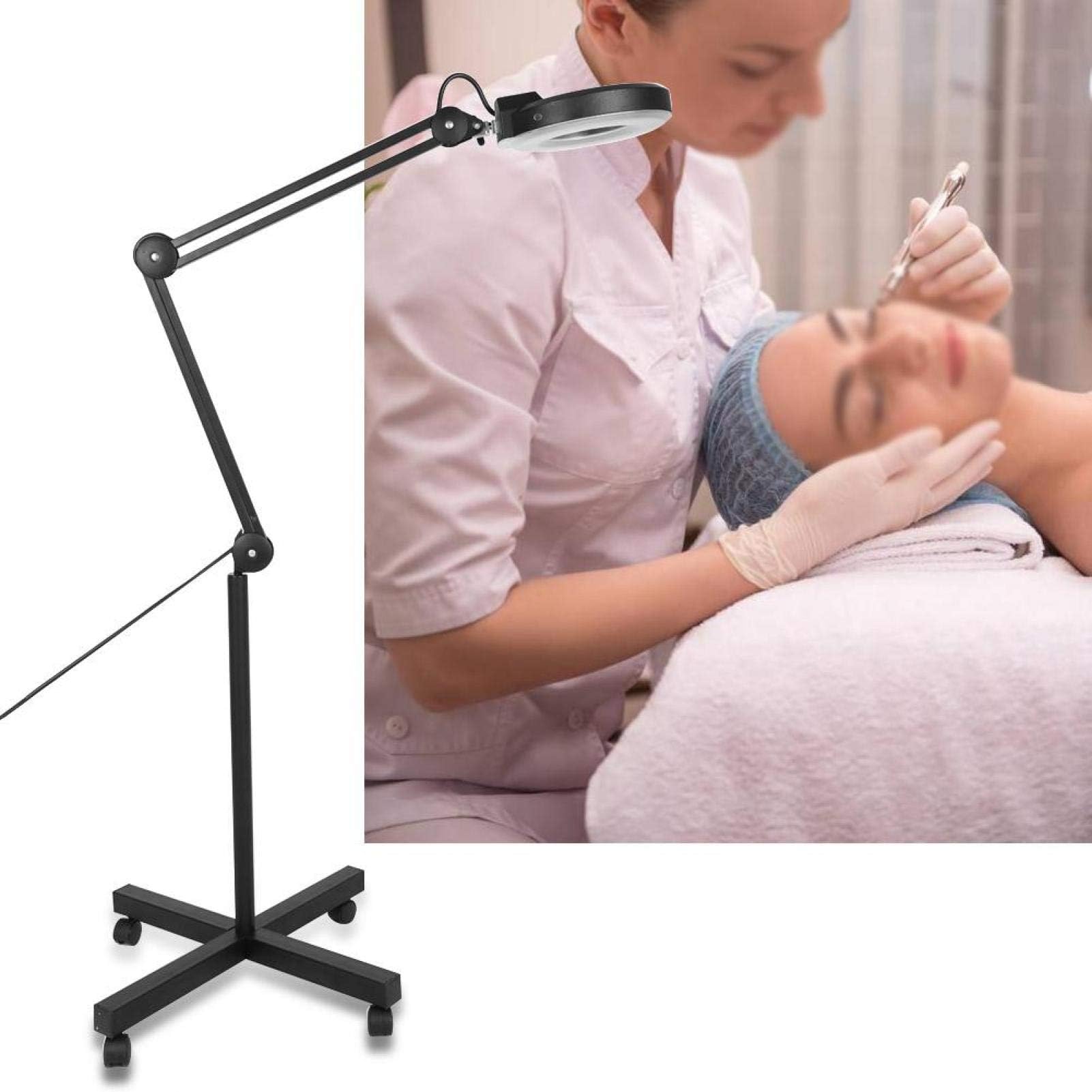 Ejoyous LED Lupenleuchte mit Rolling Standfuß, 5X Dioptrien Verstellbar Bodenstehende Kosmetikleuchte Stehlampe Arbeitsplatzlampe Kosmetik Arbeitsleuchte 220-240V Schwarz