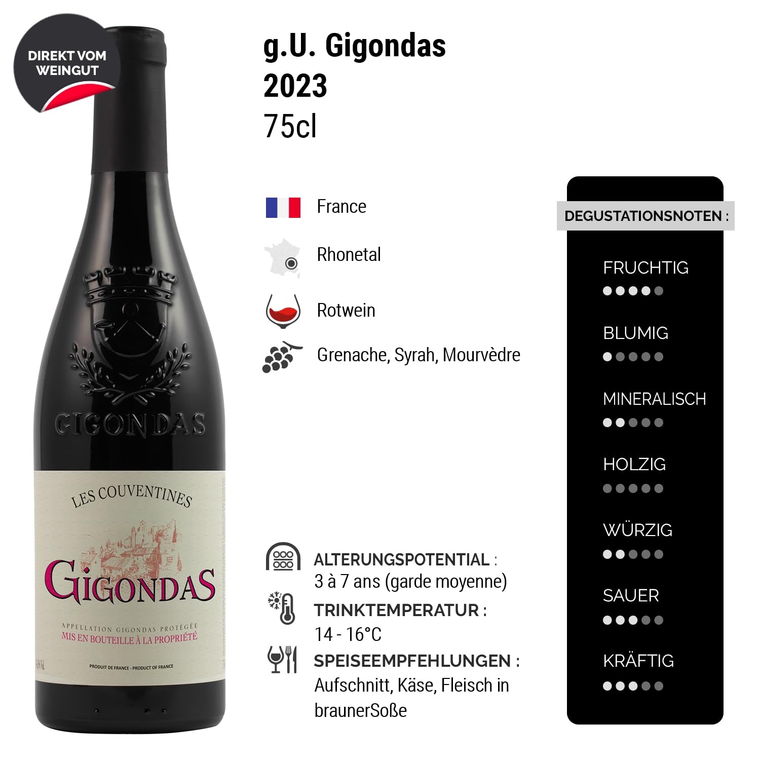 Gigondas Les Couventines Rotwein 2023 - Vignerons Propriétés Associés - g.U. - Rhonetal Frankreich - Rebsorte Grenache, Syrah, Mourvèdre - 6x75cl