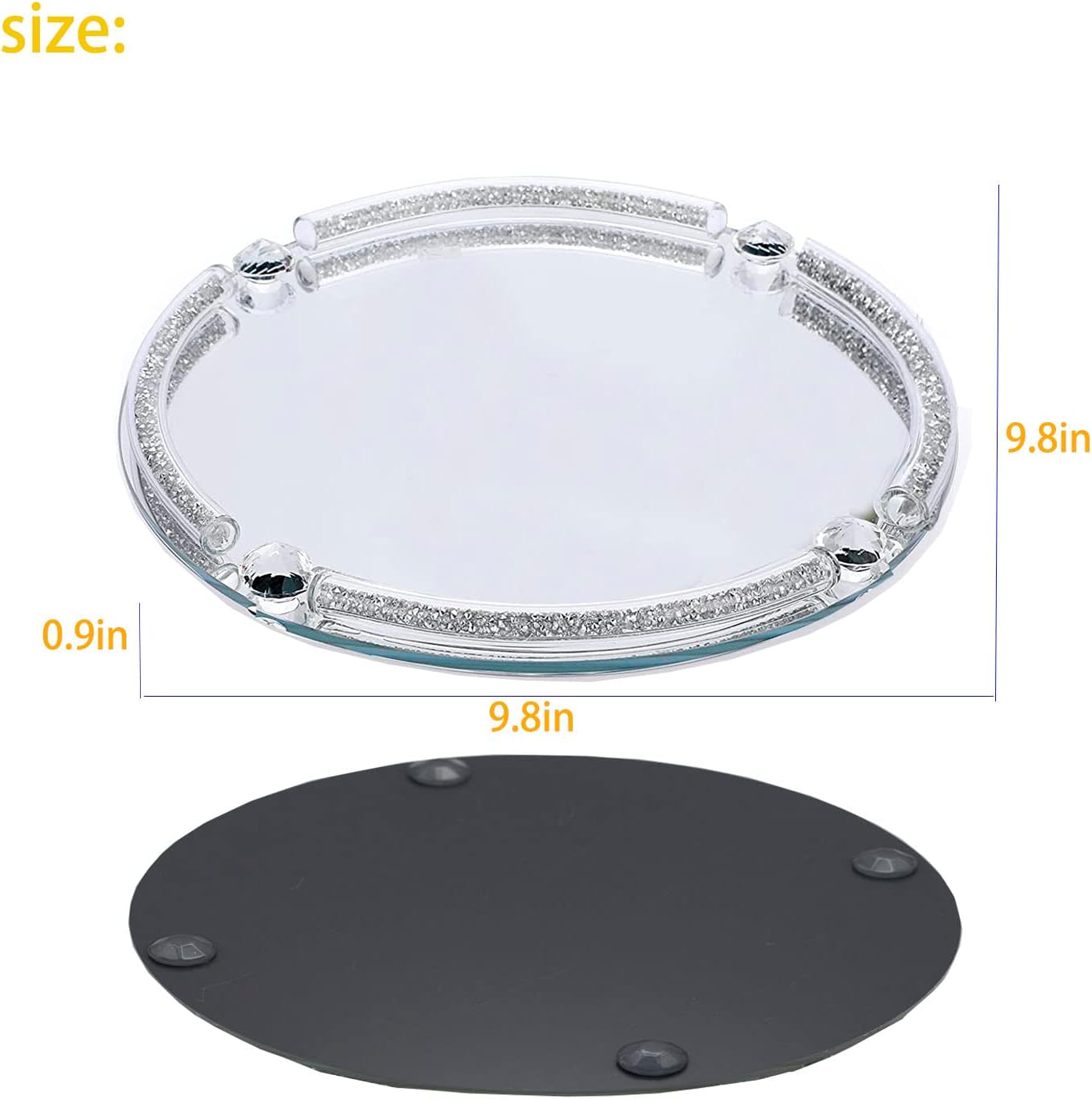 Crystal Dresser Tray, Mirror Glass Makeup Vanity Organizer Filled Crushed Diamond, 10" x 10" Round Jewelry Trinket Perfume Tray for Bathroom Bedroom, Home Decor, Hotel Banquet, Party (Silver)