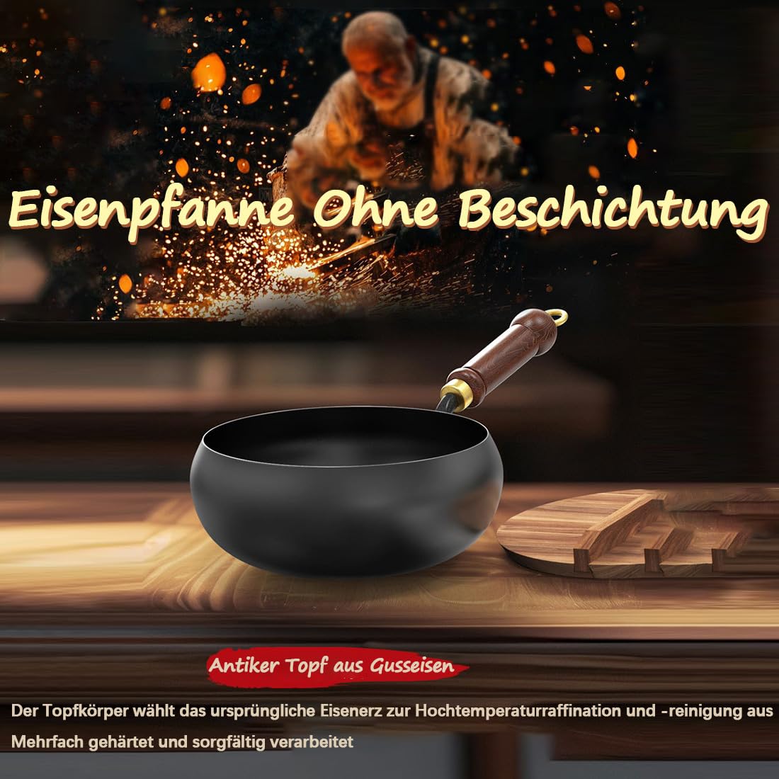 Japanische Eisenpfanne, Eisenpfanne Ohne Beschichtung, 24/26/28cm Biennll Eisenpfanne, Japanische Eisenpfanne Mit Holzdeckel füR Gasherd Und Induktionsherd (28cm)