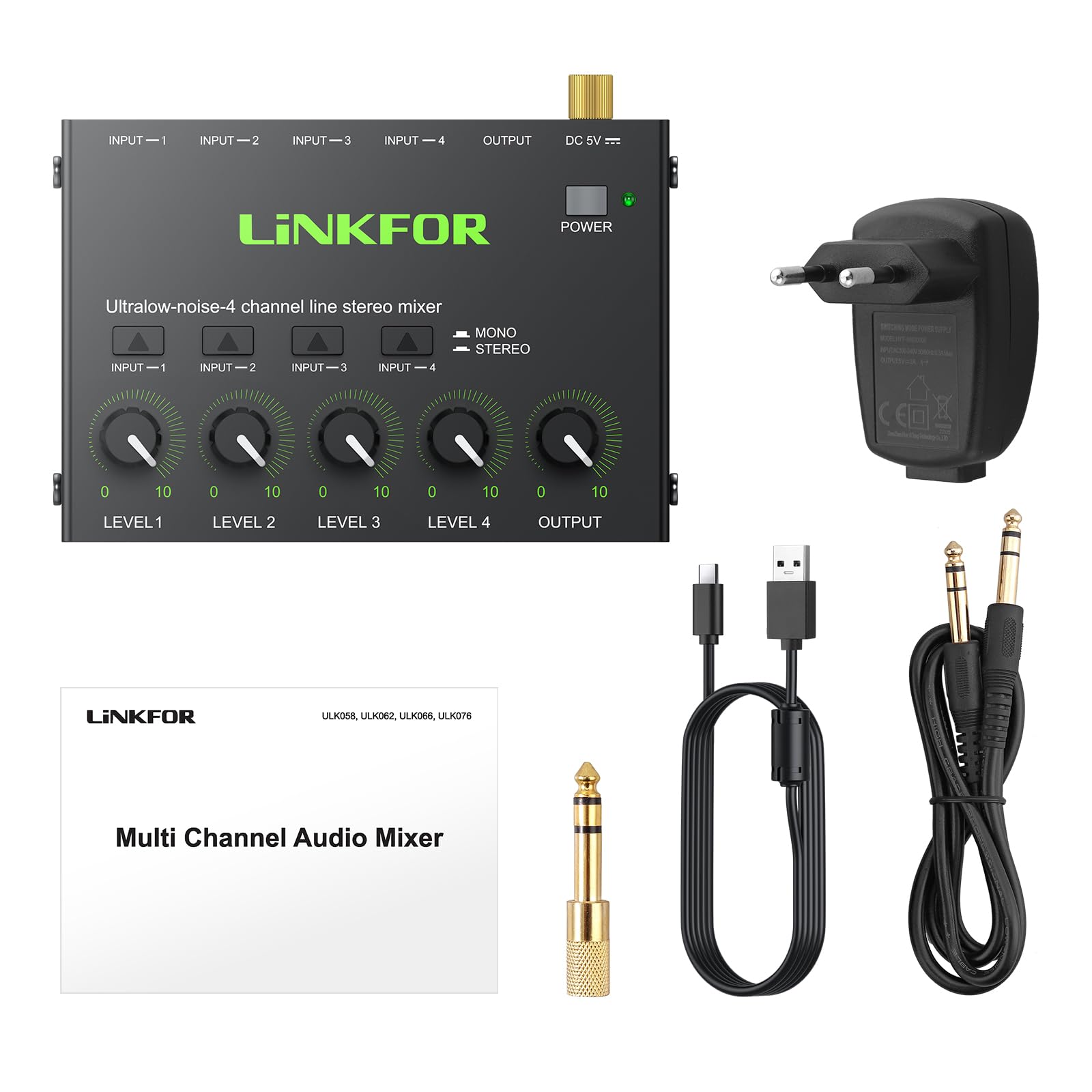 LiNKFOR Mixer Audio 4 Canali Stereo Multifunzionale 4 Channel Audio Mixer con Controllo Indipendente del Volume Audio Mixer 4 Canali per Piccolo Bar Microfoni Chitarre Bassi Tastiere e Mixer di Palco