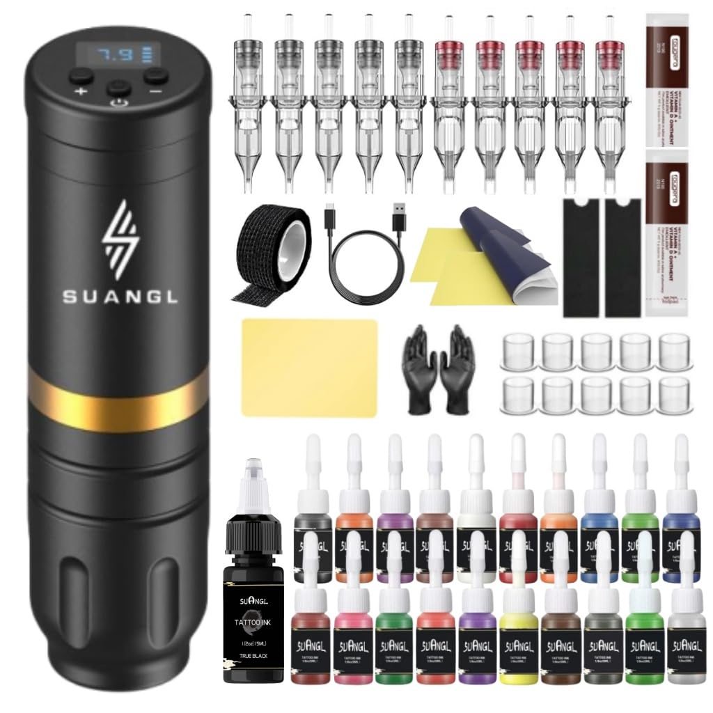 Wireless Tattoo Gun Kit, Rotary Tattoo Pen with 6h Battery Life, Digital Screen Display, Extra 20 Color Ink, Complete Tattoo Gun Kit for Beginners and Professionals (Black kits pro)