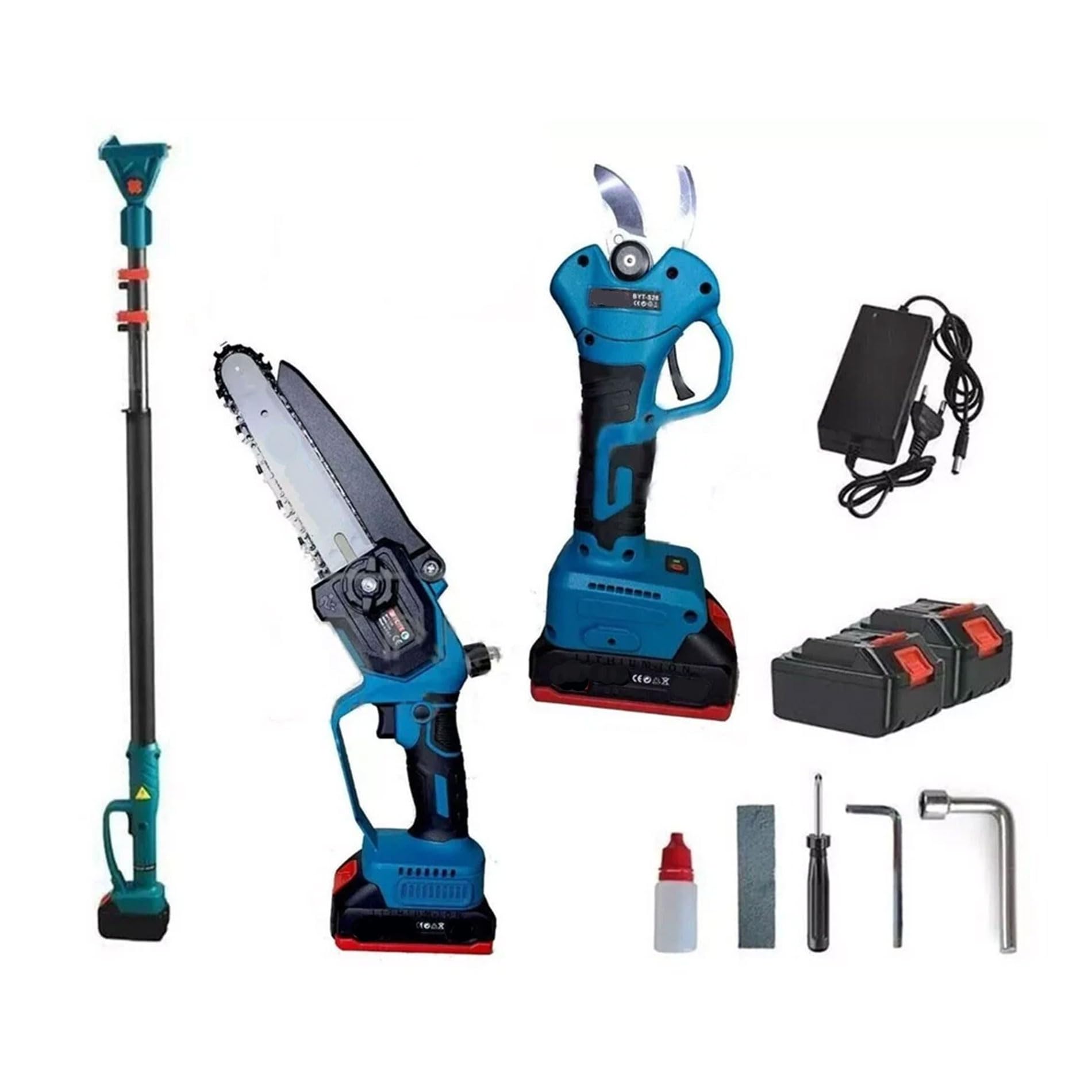 Kit Potatura Elettrico con Asta Telescopica Allungabile, Mini Elettrosega a Batteria 6" (15cm) + Cesoia per Potare Professionale Lama 2,5cm, Forbici da Potatura per Giardino e Agricoltura