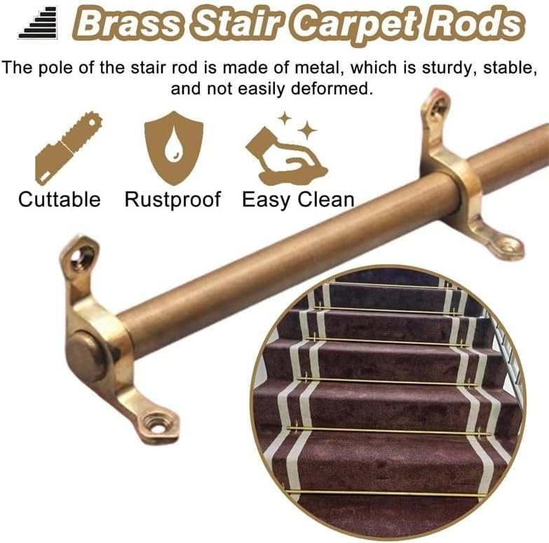 Brass Stair Runner Rods 5/8" with Brackets, Durable Carpet Securing Poles, Easy Install, Custom Lengths Available, 3/5/10/12/15 Pack Options (3pcs, 20in)