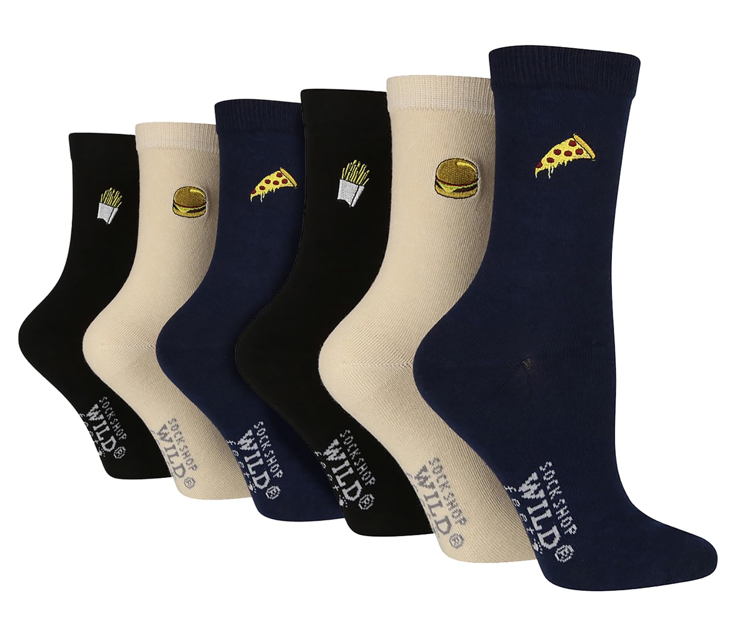 WILDFEET 6 Pair Multipack Ladies Black Novelty Socks Cute Embroidered Crew Cotton Socks (4-8, Fast Food)
