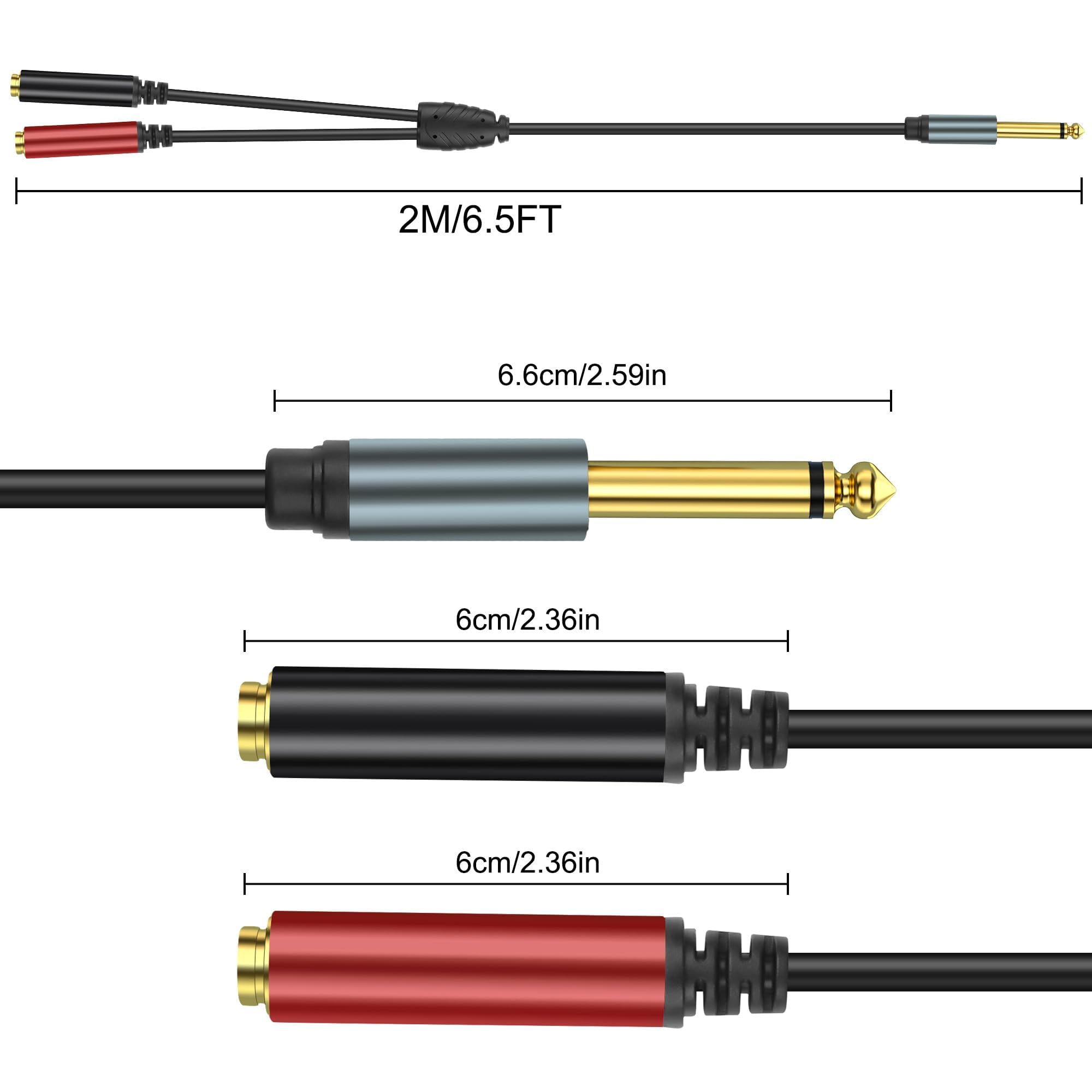 Cavo Y Splitter 6.35 Mm TRS Stereo A Doppio TS Mono - 50 Cm, Connettori Oro, Per Audio Professionale - Foto 4