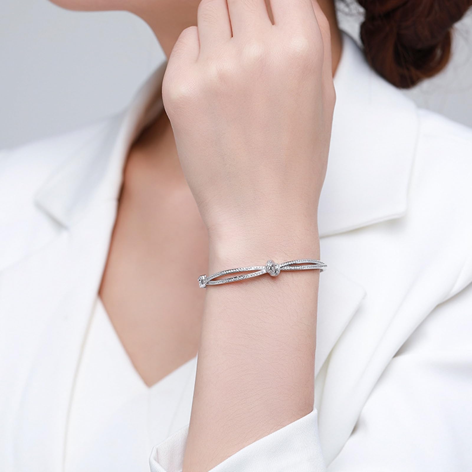 Pulsera de plata 925 para mujer con circonita cúbica, brazalete cruzado de nudo de plata para mujer, adecuado para aniversario