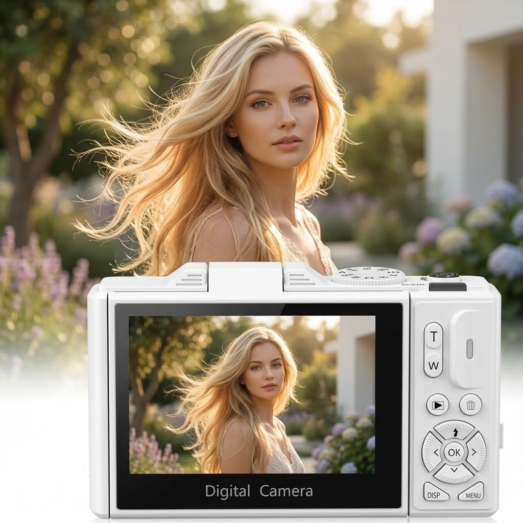 5K Digital Compact Camera Optinexo, Camara Compacta Digital con Zoom 18X y Pantalla Articulada 180 Grados, Tarjeta 32GB Incluida para Viajes y Creacion de Contenido (Negro)