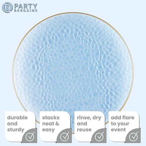 Miniatura 2 de PARTY BARGAINS Placas de carga de 13 pulgadas, paquete de 8, borde azul dorado martillado, cargadores desechables resistentes para comedor elegante,