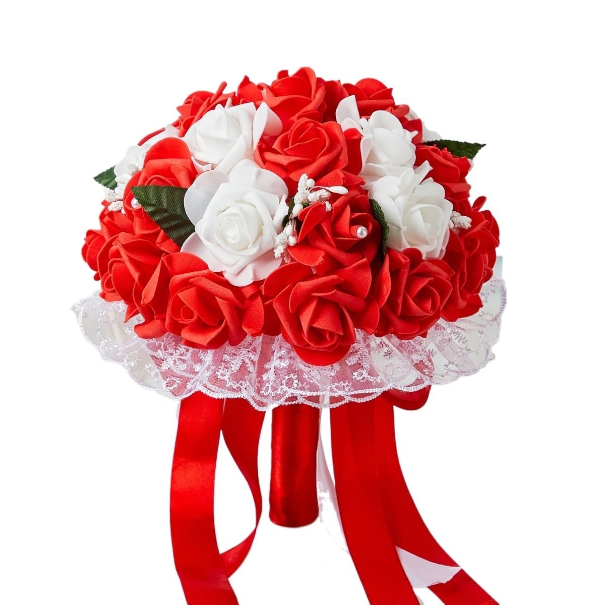 Huffa Red Artificial Wedding Bouquet For Bride And Bridesmaids - Lace And Bow Ribbon Design(Red)