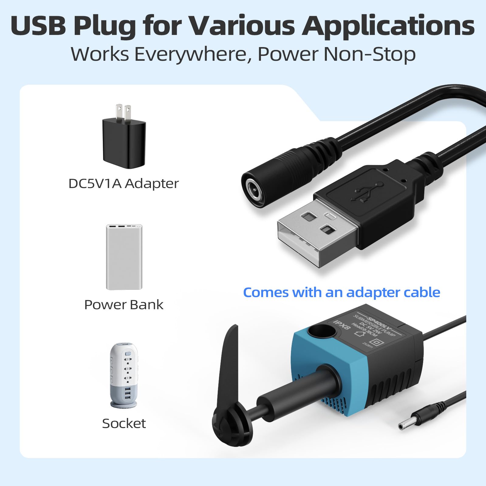 SP-400LV Bomba de fuente de agua para gatos con mango grande, bomba de repuesto USB de 5 V compatible con dispensadores de agua para mascotas Drinkwell Platinum y Platinum LED (sin adaptador)
