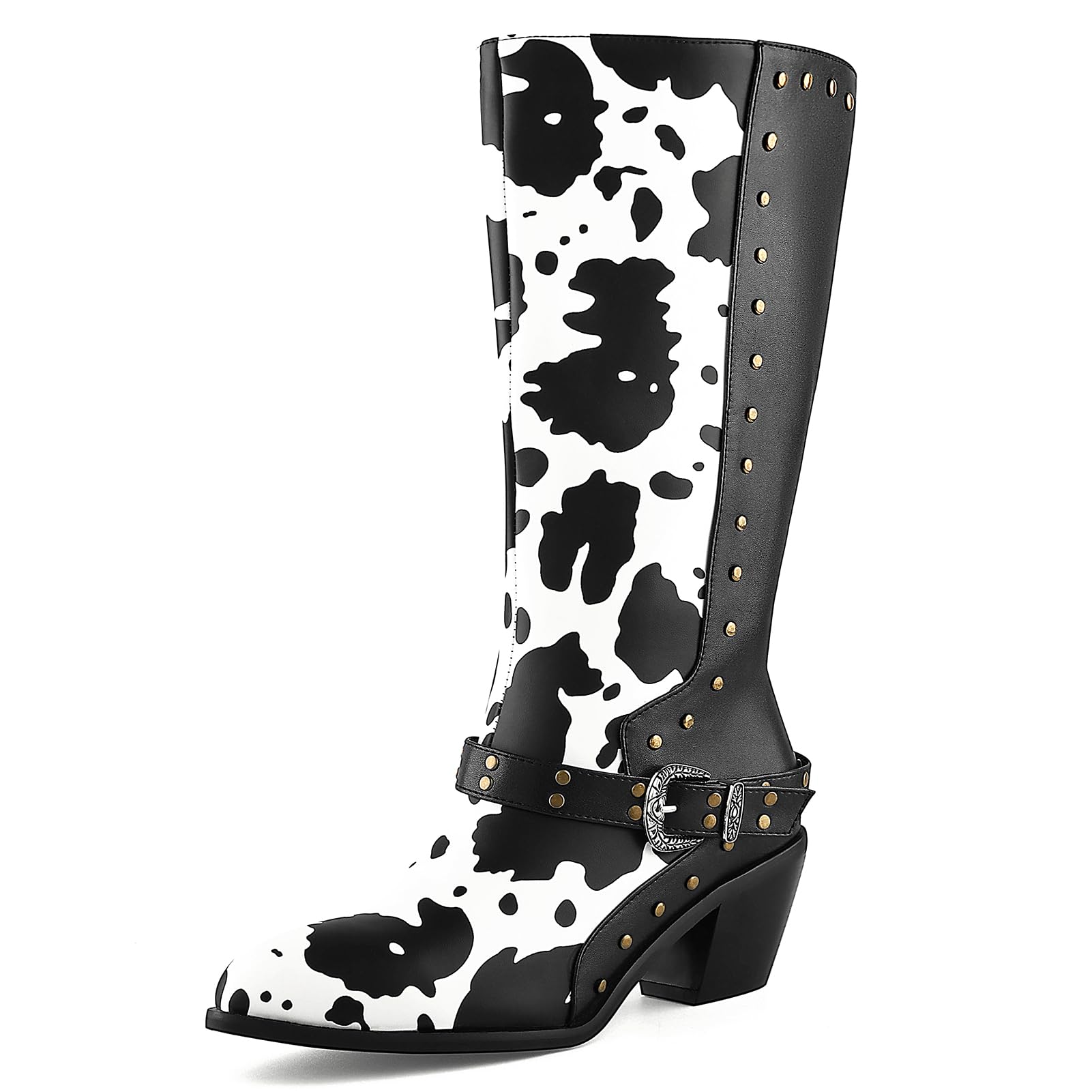 Cozivwaiy Cow Print Boots Women Studded Mid Calf Buckle Biker Boots Chunky Heel Zipper