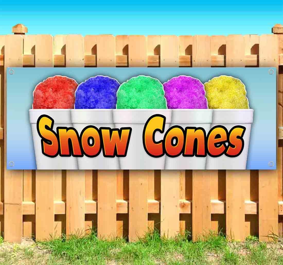 Snow Cones Banner 13 oz | Non-Fabric | Heavy-Duty Vinyl Single-Sided With Metal Grommets | Ice-Cream, Treats, Dessert, Snacks, Sweets, Frozen