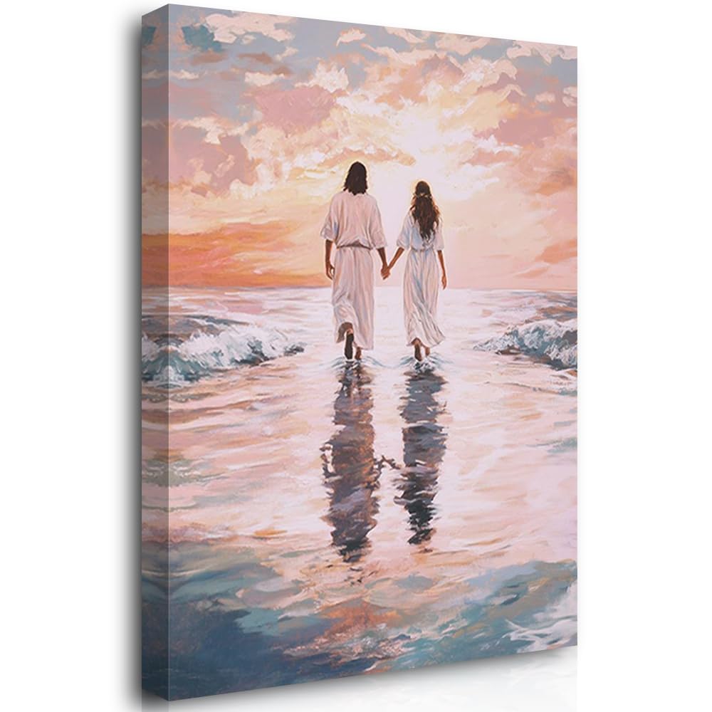Reateforin Jesus Walking On Water with Woman Canvas Wall Art Jesus with Woman Print Posters Christian Home Decor Divine Love Art Print Easter Canvas Wall Art for Women Bedroom Decorations 16"x24" — image 1