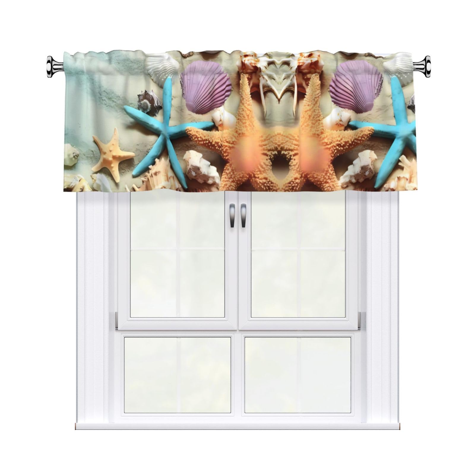 HJFCZH Seashells Starfish Prints Curtain Valance 54x18in - Peach Skin Kitchen Window Layer, Filtered Light & Quick-Install Rod Pocket Cover