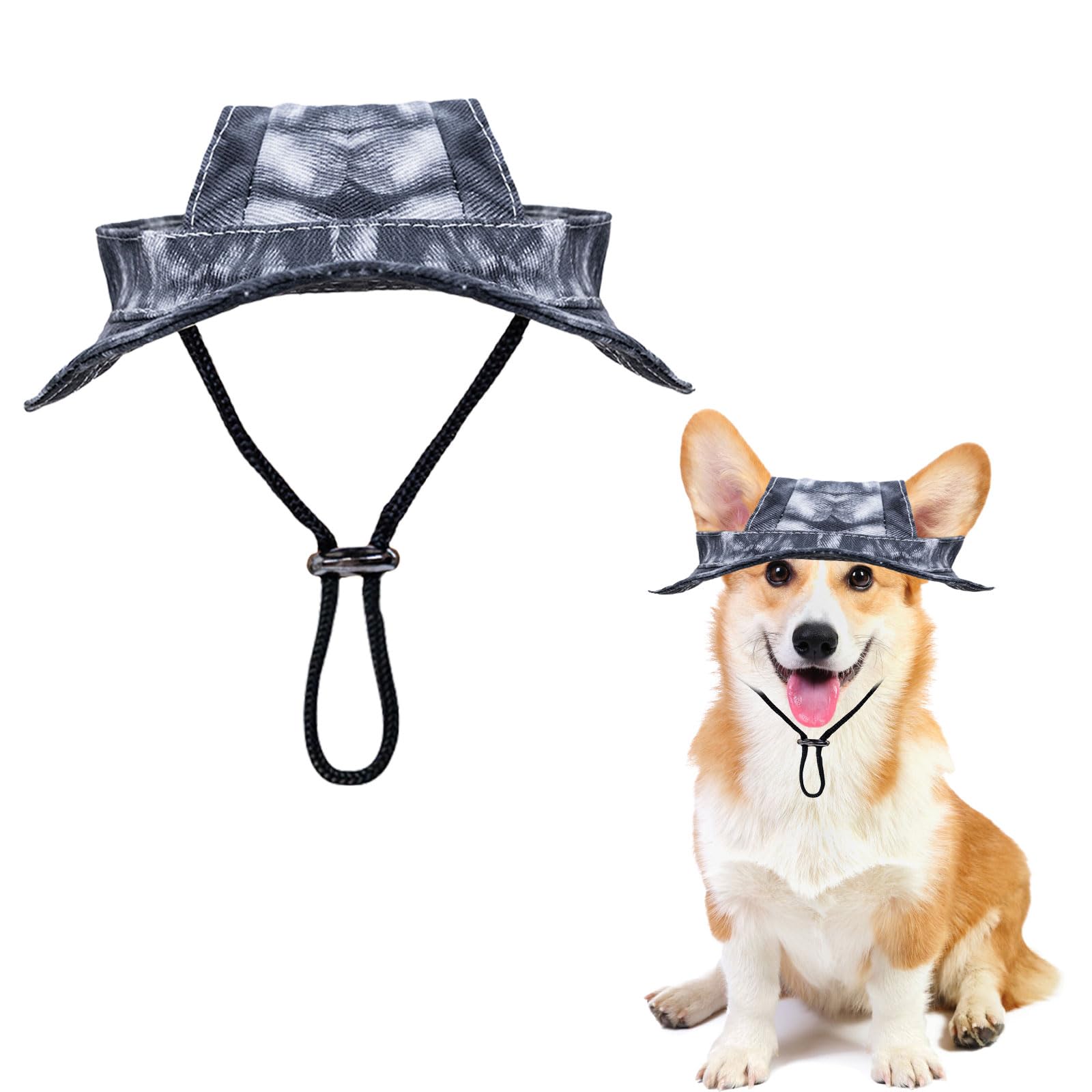 Dog Sun Hat,1PC Adjustable Princess Dog Bucket Hat with Ear Holes,Round Brim Dogs Visor Cap Pet Fisherman Hats for Pupies Small Dogs Cat Outdoor Sport (Black