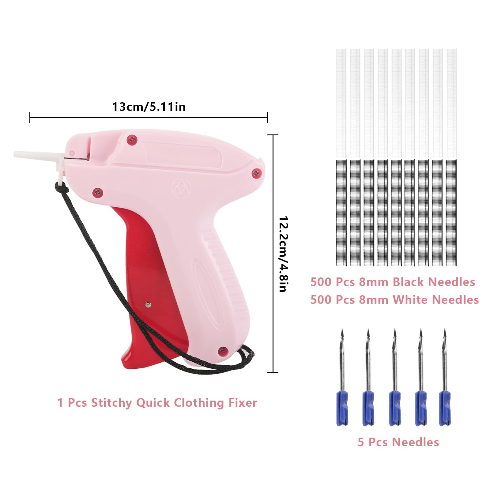 Stitchy Pistolet de fixation rapide pour vêtements avec 1000 attaches et 5 aiguilles (rose)