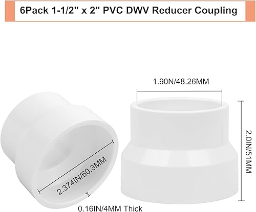 Miniatura 2 de Paquete de 6 adaptadores de acoplamiento reductor de PVC DWV de 2 pulgadas x 1-12 pulgadas (enchufe x zócalo) Schedule 40 PVC DWV Acoplamiento