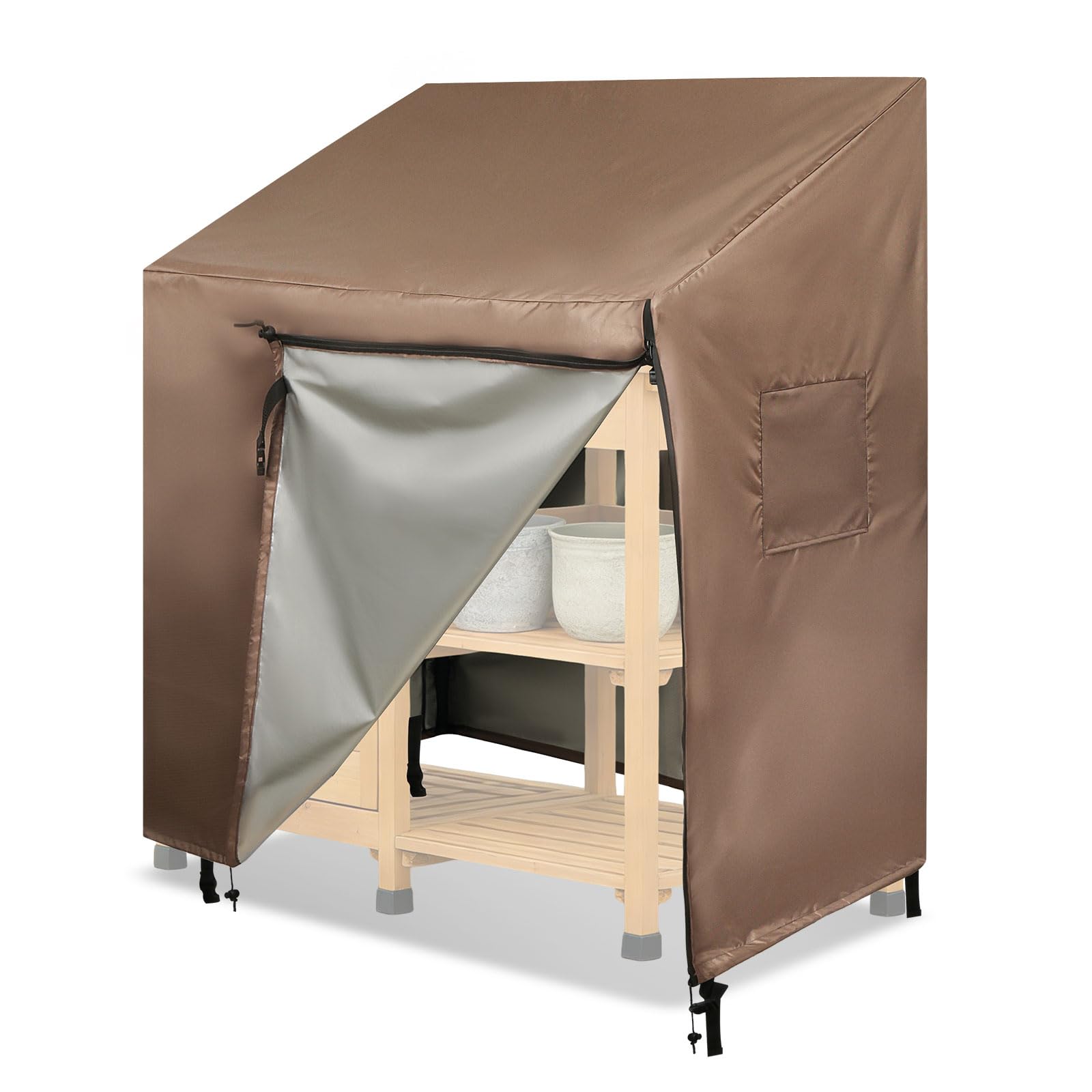 Funda Impermeable para Mesa de Jardinería con Solapa Frontal Abatible, Cubierta Protectora para Banco de Trabajo, Oxford 420D Marrón (116 * 51 * 120cm)