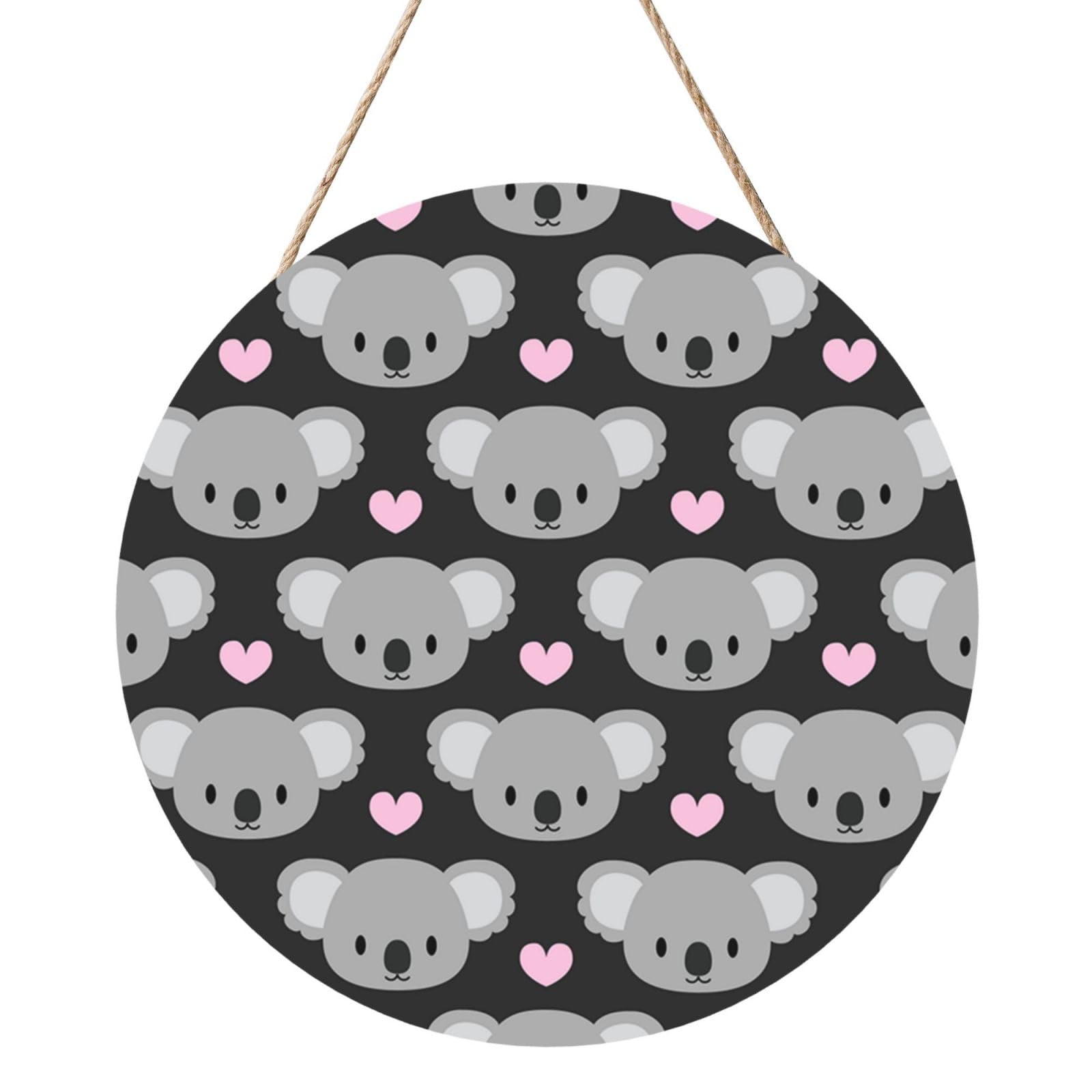 InOmak Cute Koalas And Pink Hearts, Round Wood Panel Painting 12 in, Wall Hanging Painting For Home