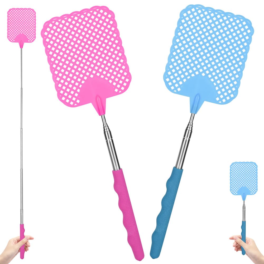 AYESY Fliegenklatsche, 2 Stück Manuelle Fliegenklatscher Ausziehbar Teleskopgriff aus Edelstahl Verstellbar von 26.5cm bis 73cm Robuste Fliegenklatschen für Drinnen und Draußen Fliegen (Rosa, Blau)