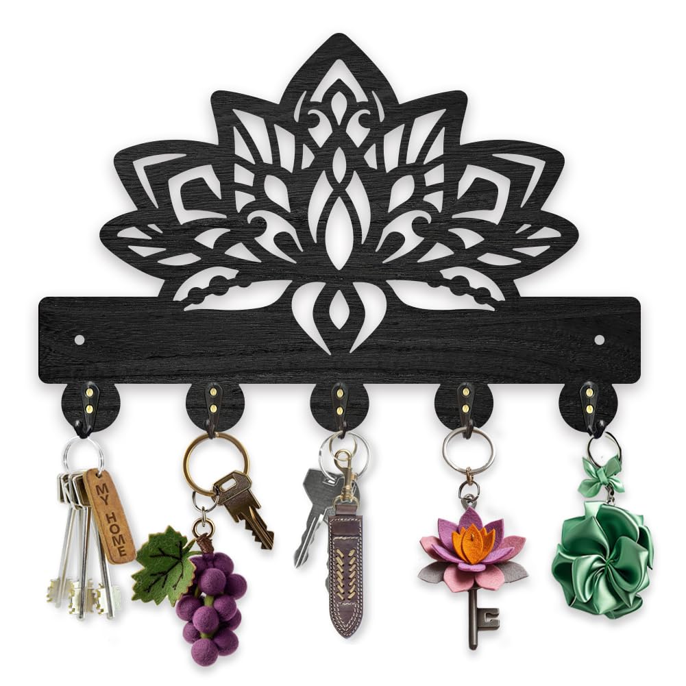 MAYJOYDIY Perchero de madera de flor de loto con diseño de mandala para llaves de pared, 30 x 20 cm, color negro, 5 ganchos de aleación, decoración del hogar, regalos, entrada, cocina, baño,