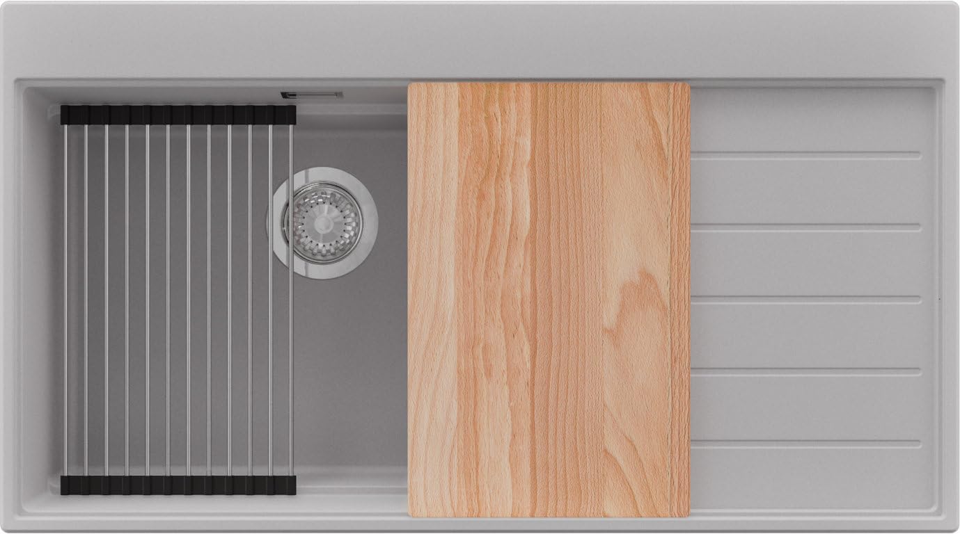 PRIMAGRAN Evier Cuisine en Granit au Meuble 60cm + Kit de Vidage, 90x50cm