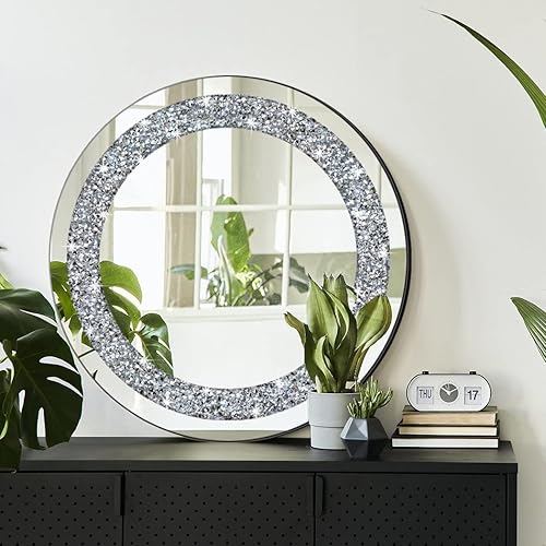 Miniatura 4 de QMDECOR Espejo redondo plateado brillante con diamantes de cristal para decoración de pared, 20 x 20 x 1 pulgadas, para colgar en la pared, sin
