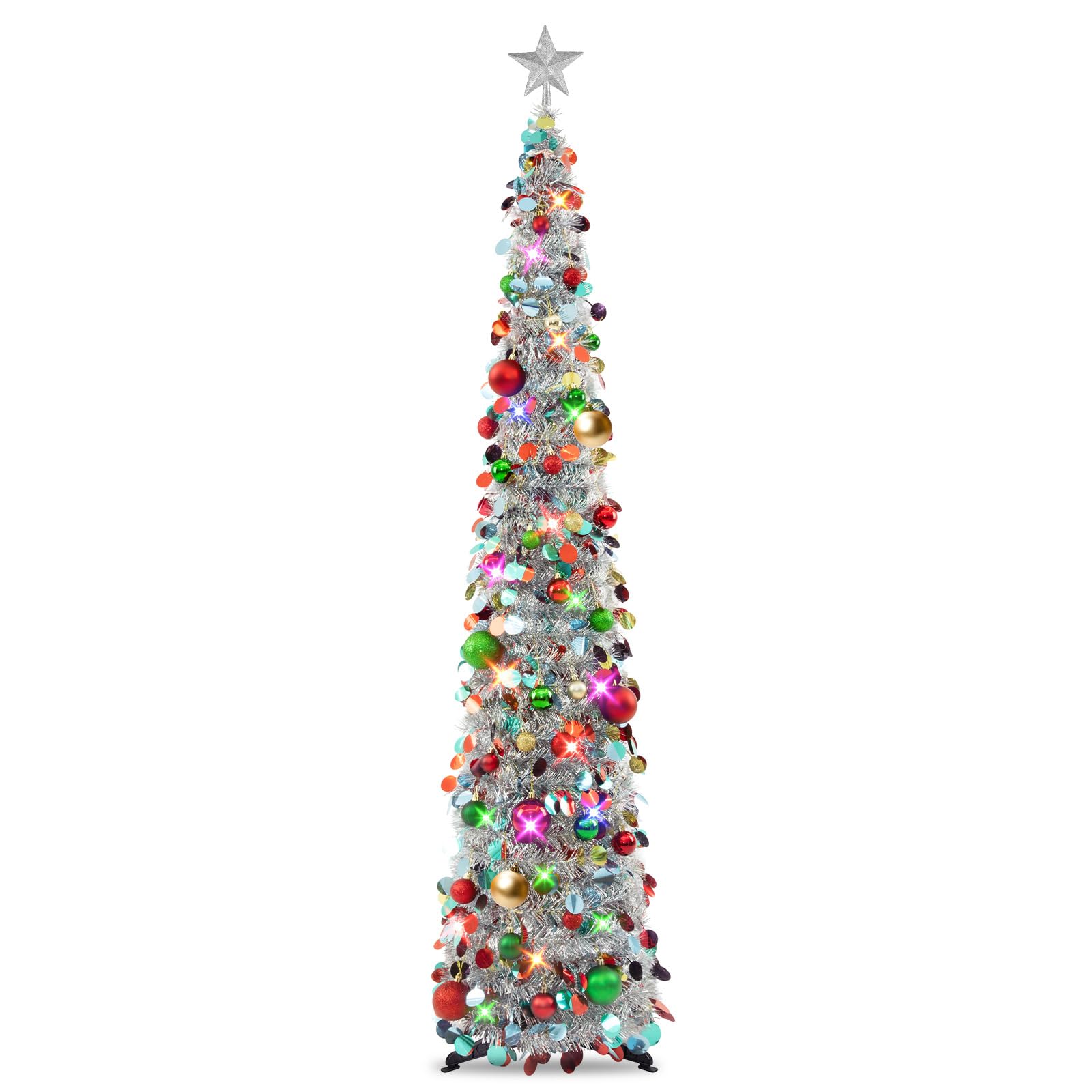 N&T NIETING Pop Up Christmas Tree with Lights & 40 Balls, 6Ft Collapsible Silver Mix Tinsel Christmas Tree Decorations, Pencil Christmas Tree Skinny Christmas Tree for Holiday Xmas Home Office Decor