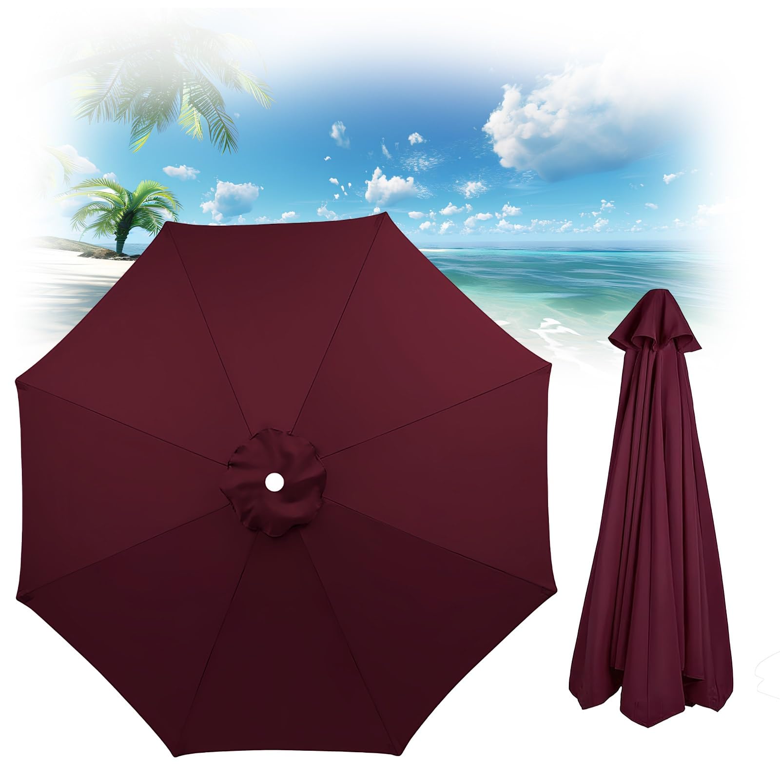 Patio Umbrella Replacement Canopy, Garden Backyard Pool Umbrellas Parasols Cover, Outdoor Table Market Yard Umbrella Top For Outdoor Umbrella Canopy With 8 Ribs(Crimson,230CM-7.5FT)