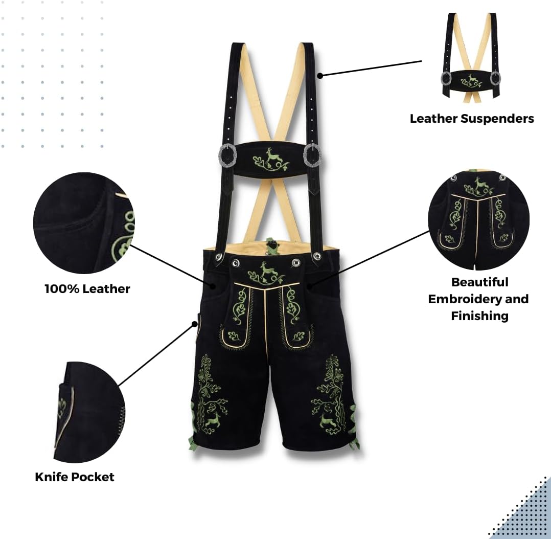 Men Lederhosen - Authentic German Bavarian Lederhosen - Oktoberfest Men Trachten Wears Trousers