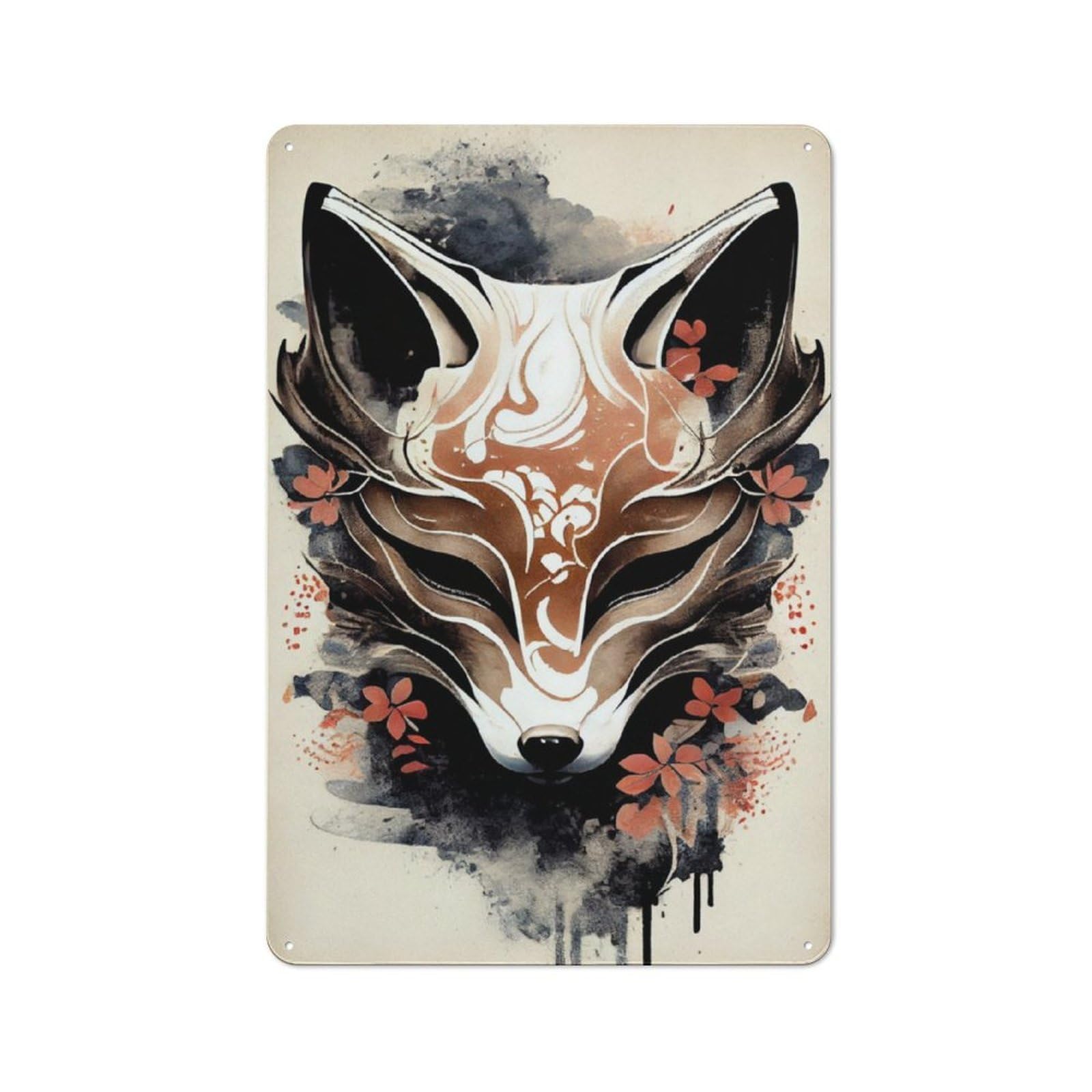 Industrial Kitsune Fox Mask Ink Wash Retro Metal Sign 30x20cm, Shed Wall Plaque for Garage, Workshop, Shed Or Utility Room