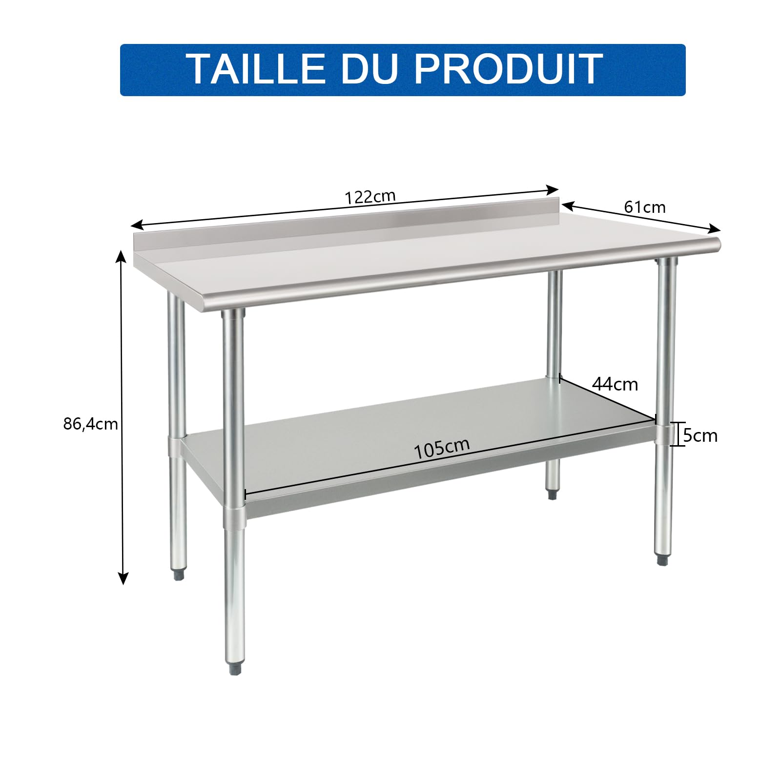 HARDURA Table de préparation des Aliments en Acier Inoxydable 61×122cm avec étagère et dosseret pour Restaurant, Cuisine, Maison et hôtel