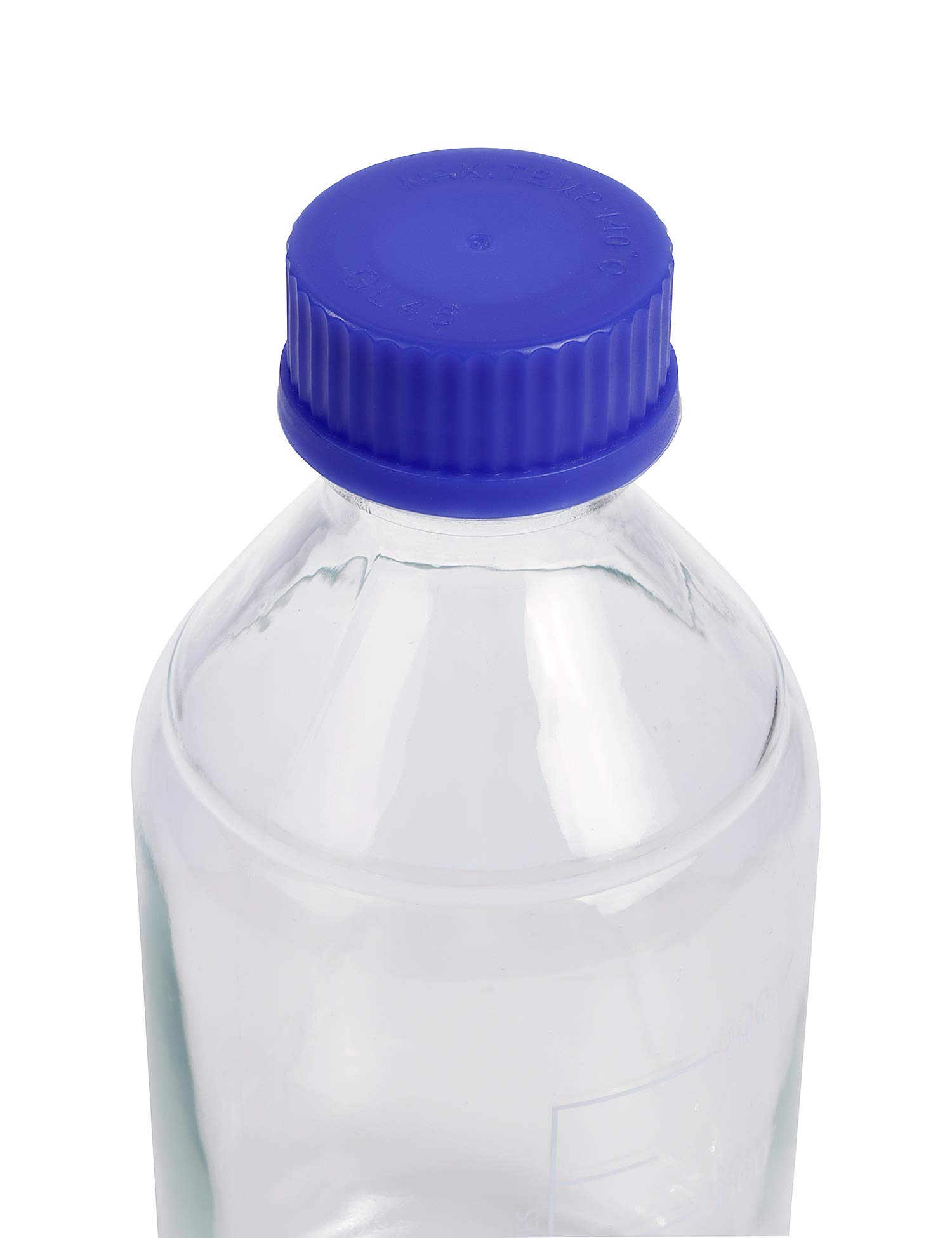 Pyrex - Paquete de 4 botellas de vidrio redondas graduadas de 1000 ml con tapón de rosca de polipropileno azul GL45