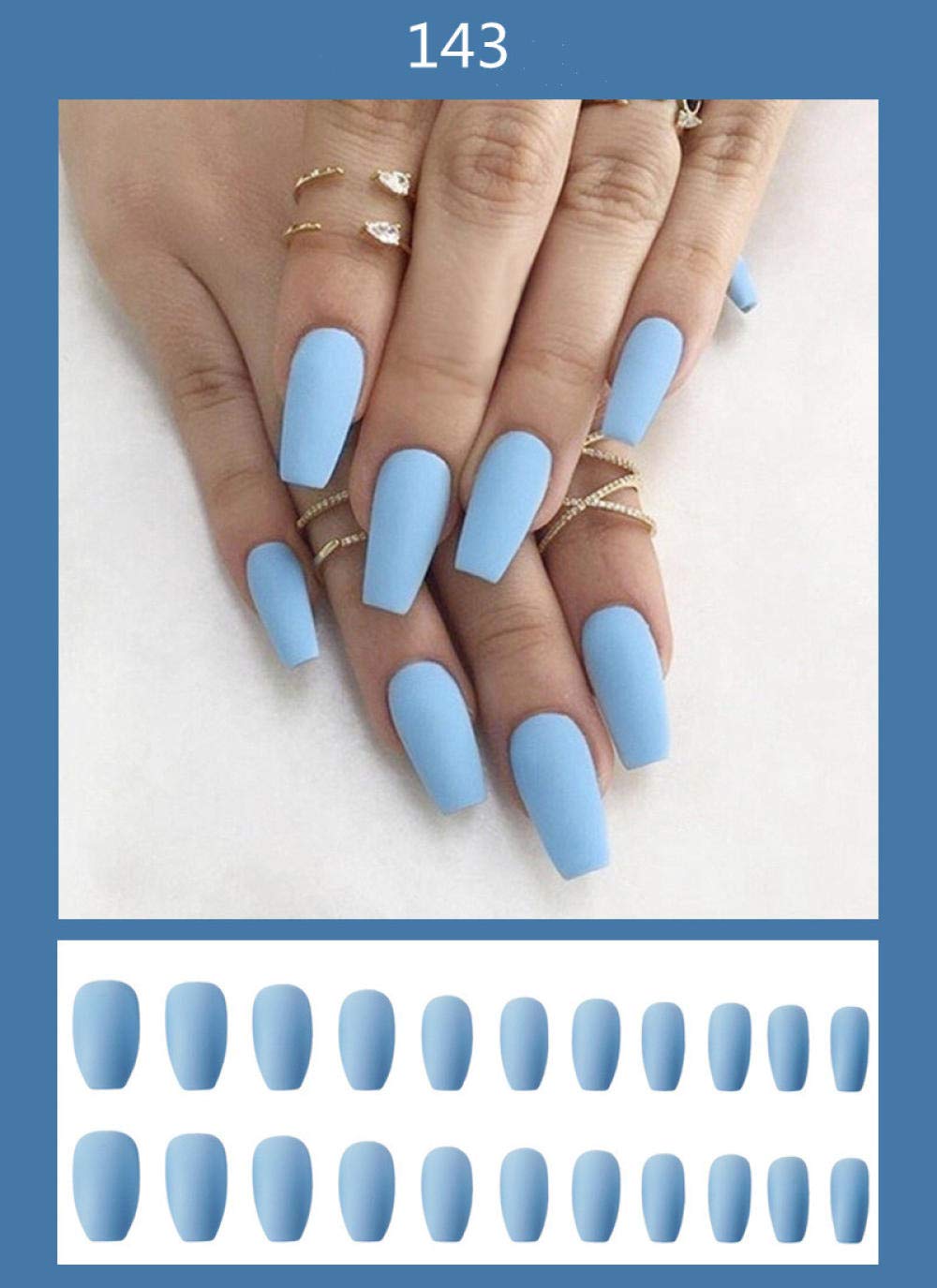ACiyD Cubierta Completa Puntas de uñas Estilo Medio Largo Mate Azul Puro Uñas postizas Color sólido Uñas postizas
