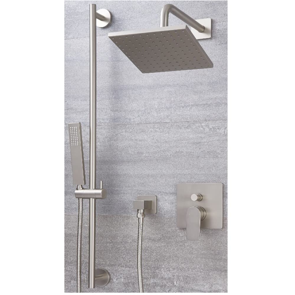 Milano Brushed Nickel Hunston Manual Mixer Valve 200Mm Square Shower Head Handset Riser Rail