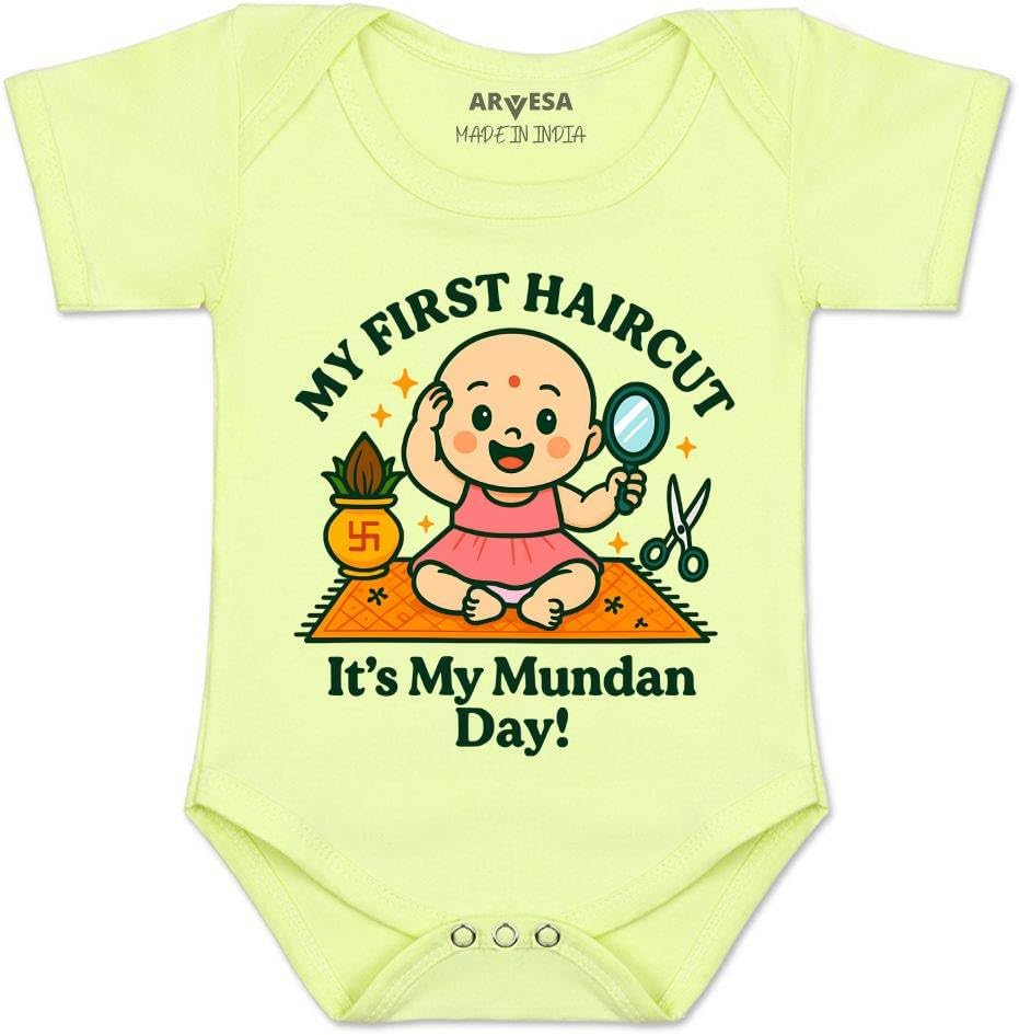 My First Haircut R-1900 Mundan Bodysuit, Sleepsuits, Rompers For New Born Baby Clothes 0-3 Months Unisex Stylish Dress For Baby Boy & Girl, Newborn Infant Outfit