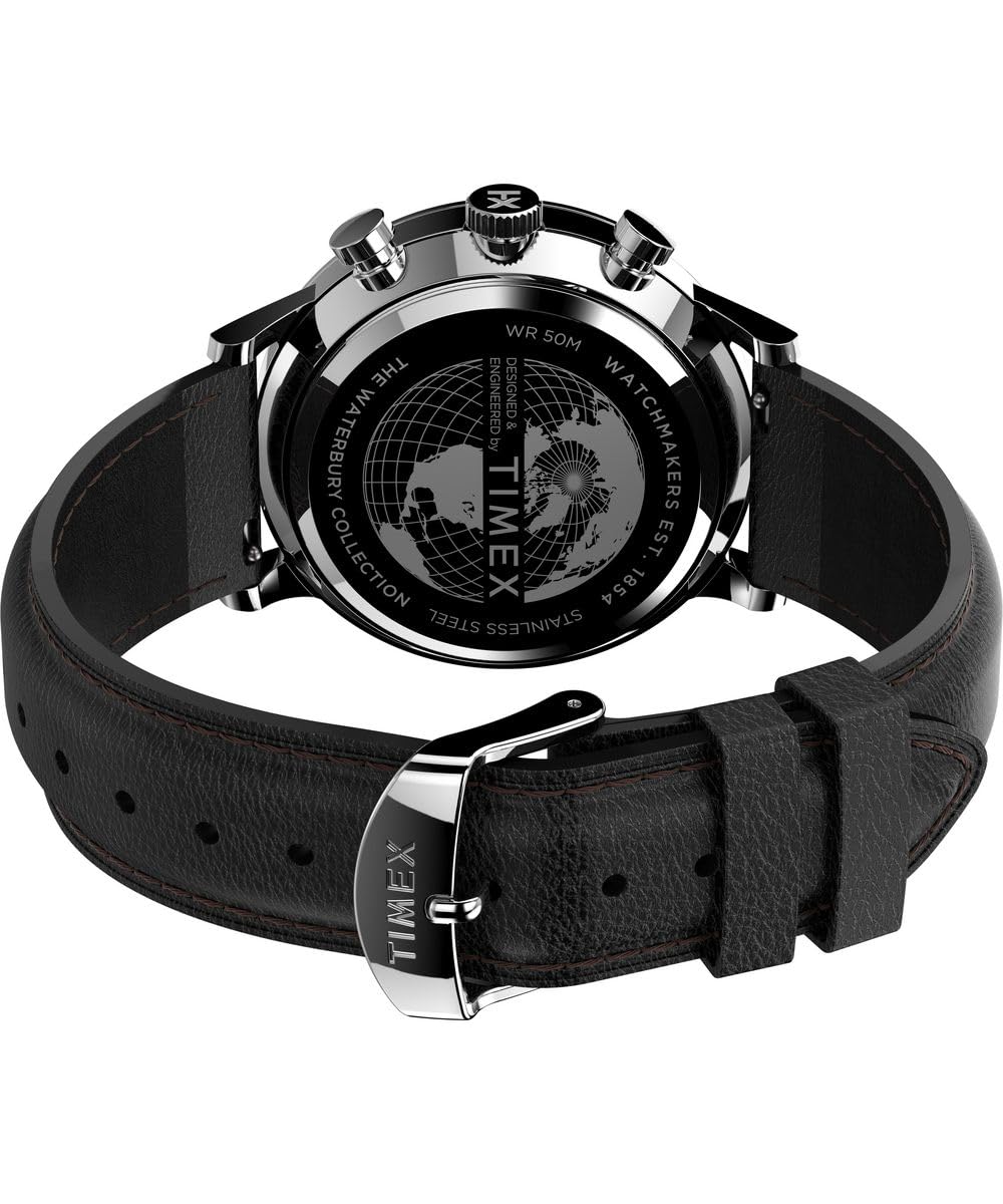 Timex Waterbury Tw2U88300 Zegarek Męski, 40 mm, Czarny Skórzany Pasek, Czarna Tarcza i Koperta ze Stali Nierdzewnej