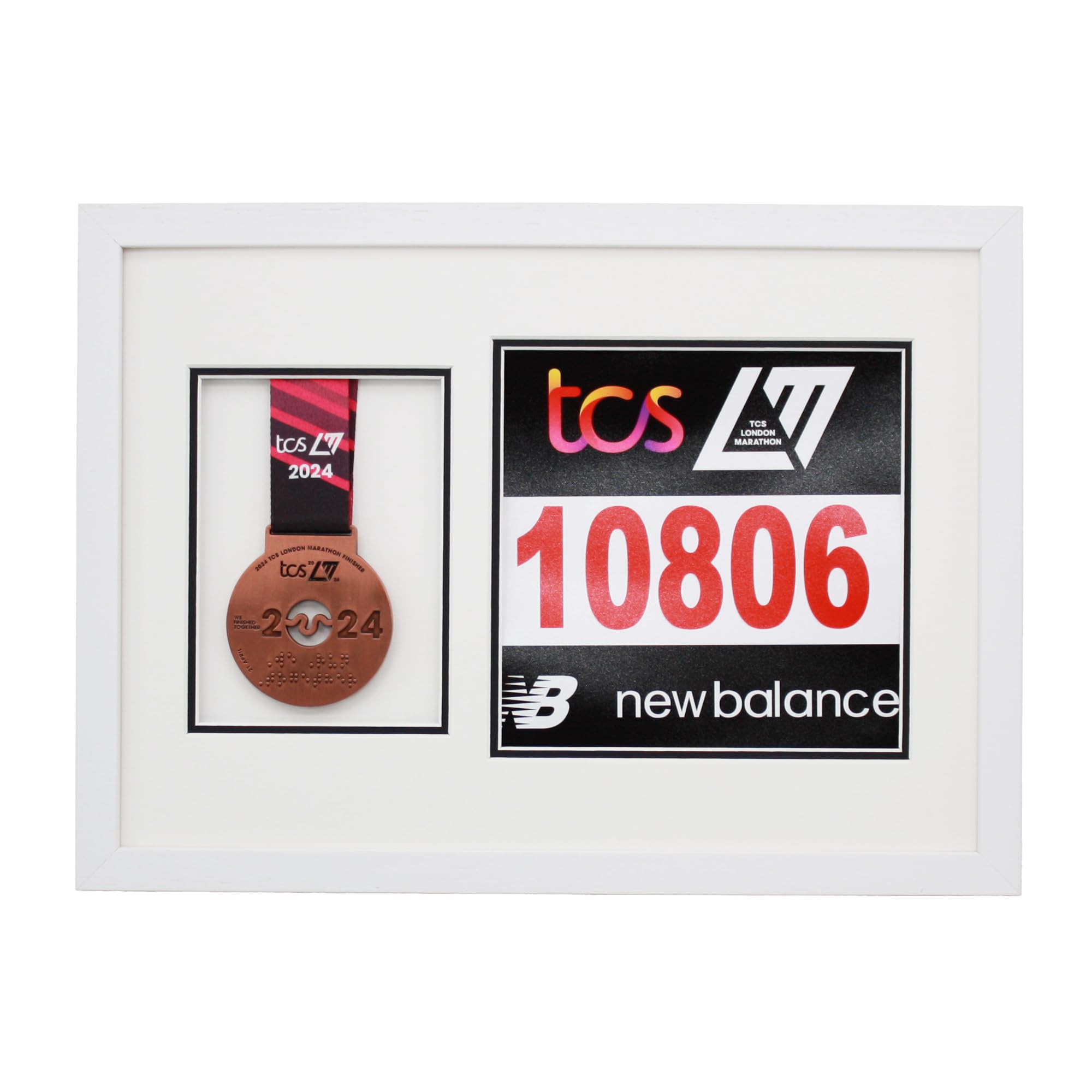 Marathon Medal Display Frame. Designed to showcase a running medal and a 20x20cm sized race number (White Frame - Double Mount)