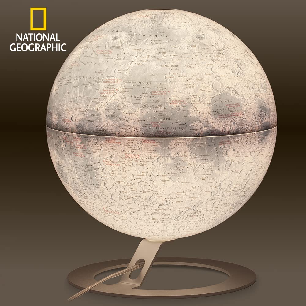 Tecnodidattica - Mappamondo National Geographic Luna | Cartografia Lunare | Luminoso e girevole | Base in alluminio | Design Studio Tools | Diametro 30 cm
