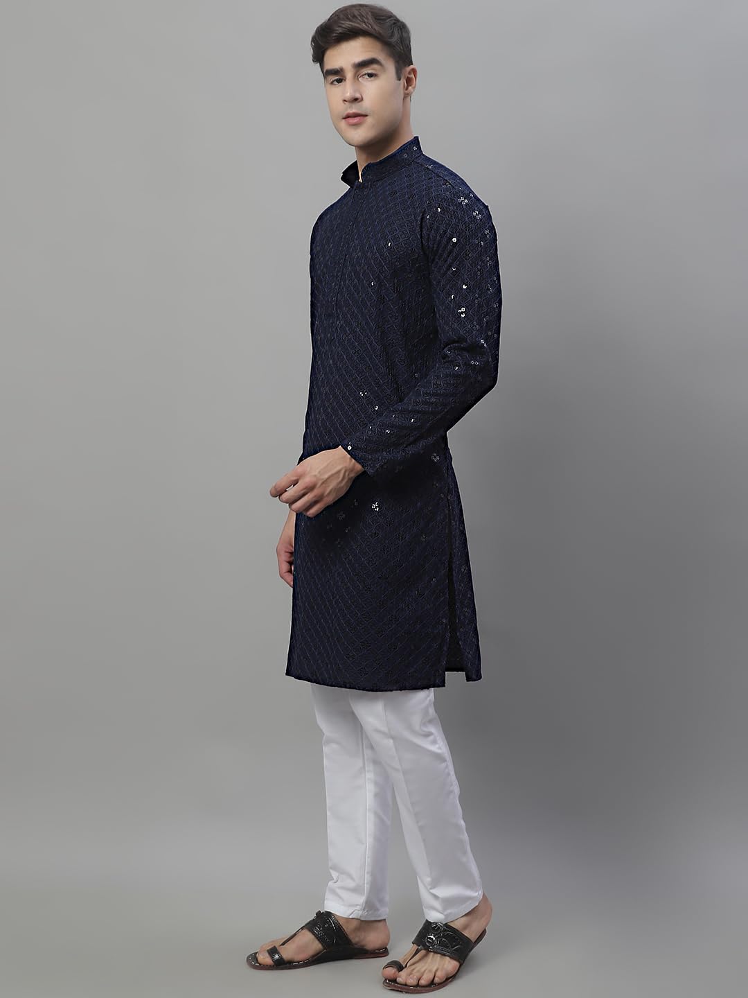 Jompers Men's Chikankari Embroidered And Sequence Kurta With Pyjama (Navy, M)