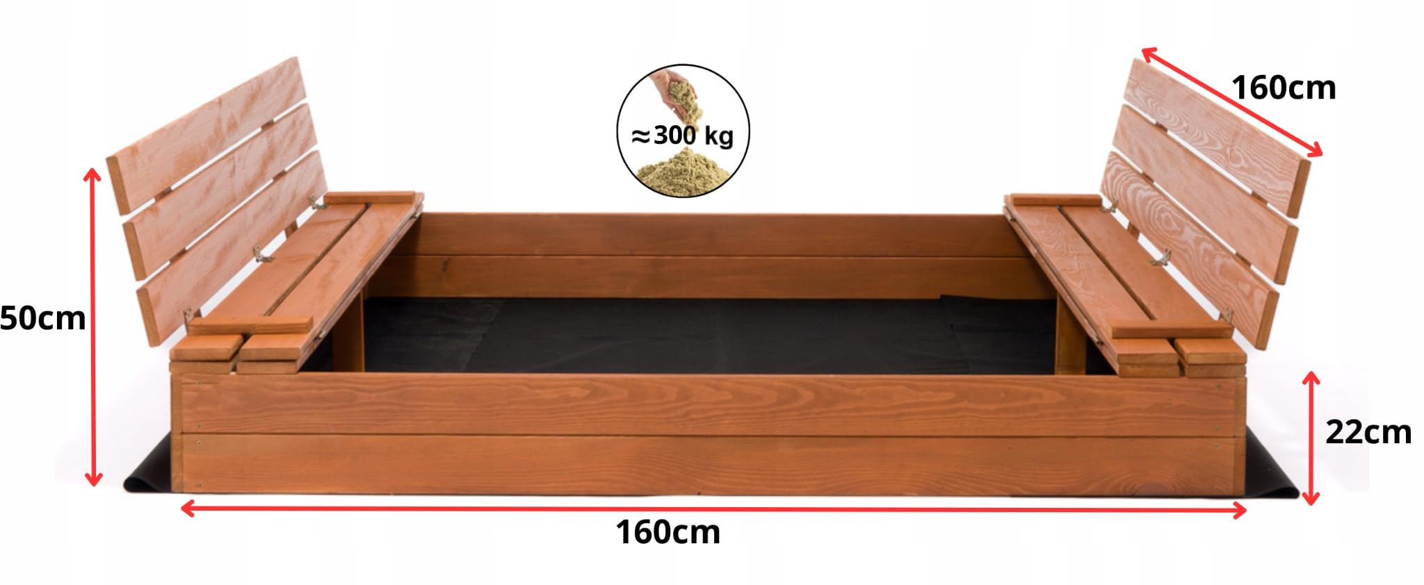 Sandkasten 160x160 cm Imprägniert Sandbox mit Abdeckung Sitzbänken Deckel Plane Sandkiste Holz Kiefer Sandkastenvlies XL XXL