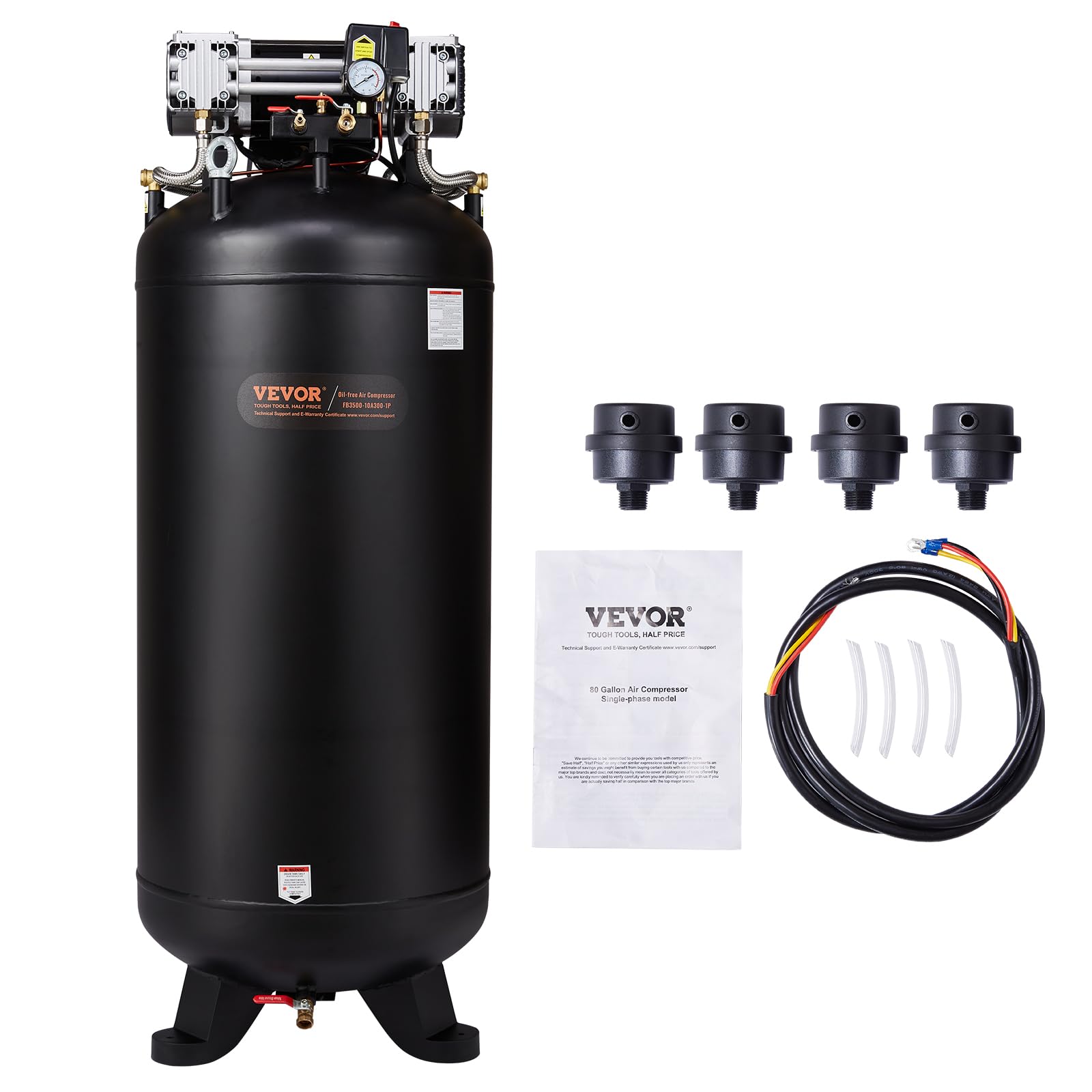 VEVOR 80 Gallon Air Compressor, 6.5HP 15.5SCFM@90 PSI, 2-Stage 145PSI Oil Free Stationary Compressor Tank, 86dB Quiet Compressor for Industrial Manufacturing, Workshops (220V/60Hz Single-Phase Power)