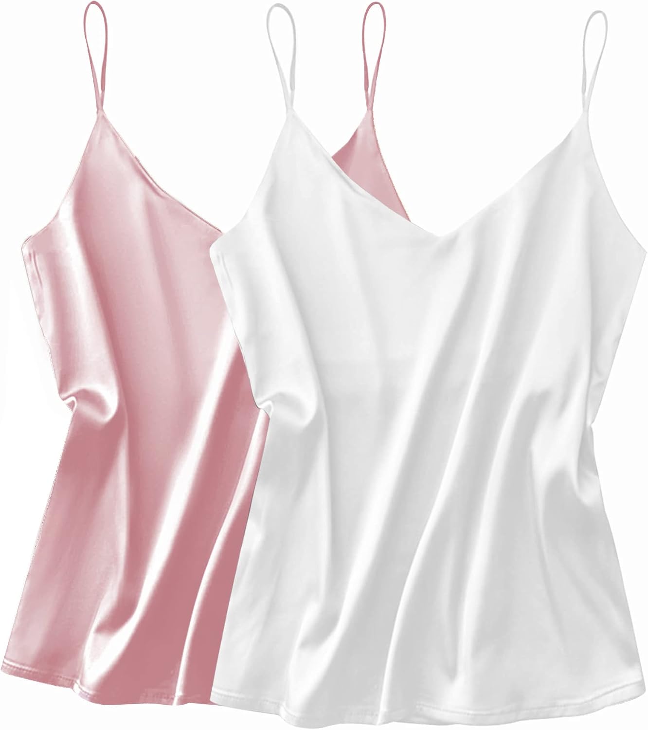 Ekouaer Satin Tank Tops for Women Silk Camisole Tops 2 Pack V Neck Spaghetti Strap Blouse Soft Dressy Camisole