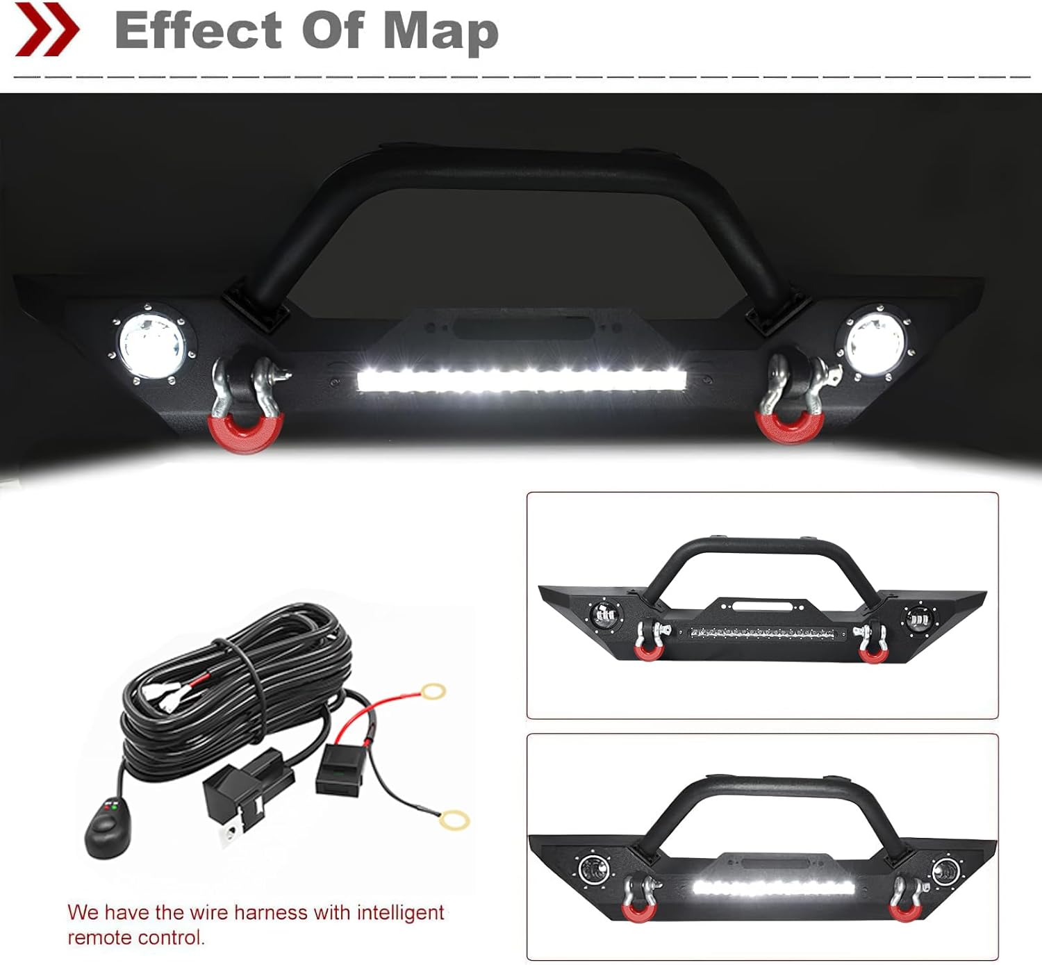 LEDKINGDOMUS Rock Crawler Front Bumper Compatible with 07-18 Jeep Wrangler JK and JK Unlimited, Built-in 90W LED Light Bar w/ 2x 60W Fog Light, Wiring Harness, Winch Plate and D-rings Textured Black