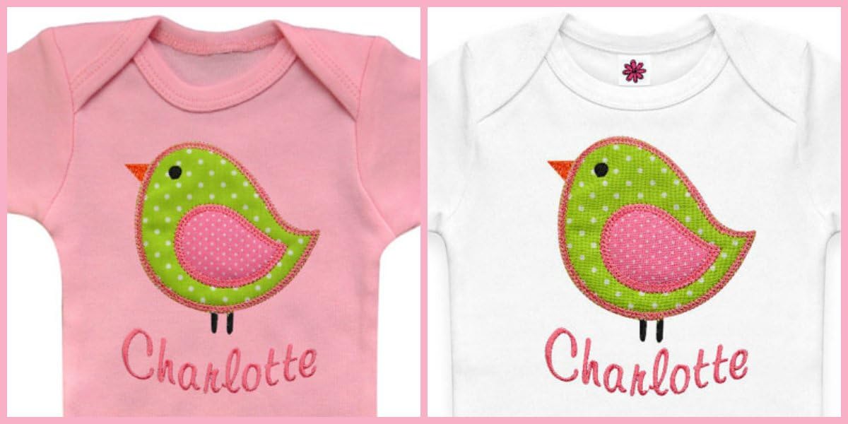 Personalized Baby Girls Bodysuit Romper with Birdie Embroidered with Your Custom Name