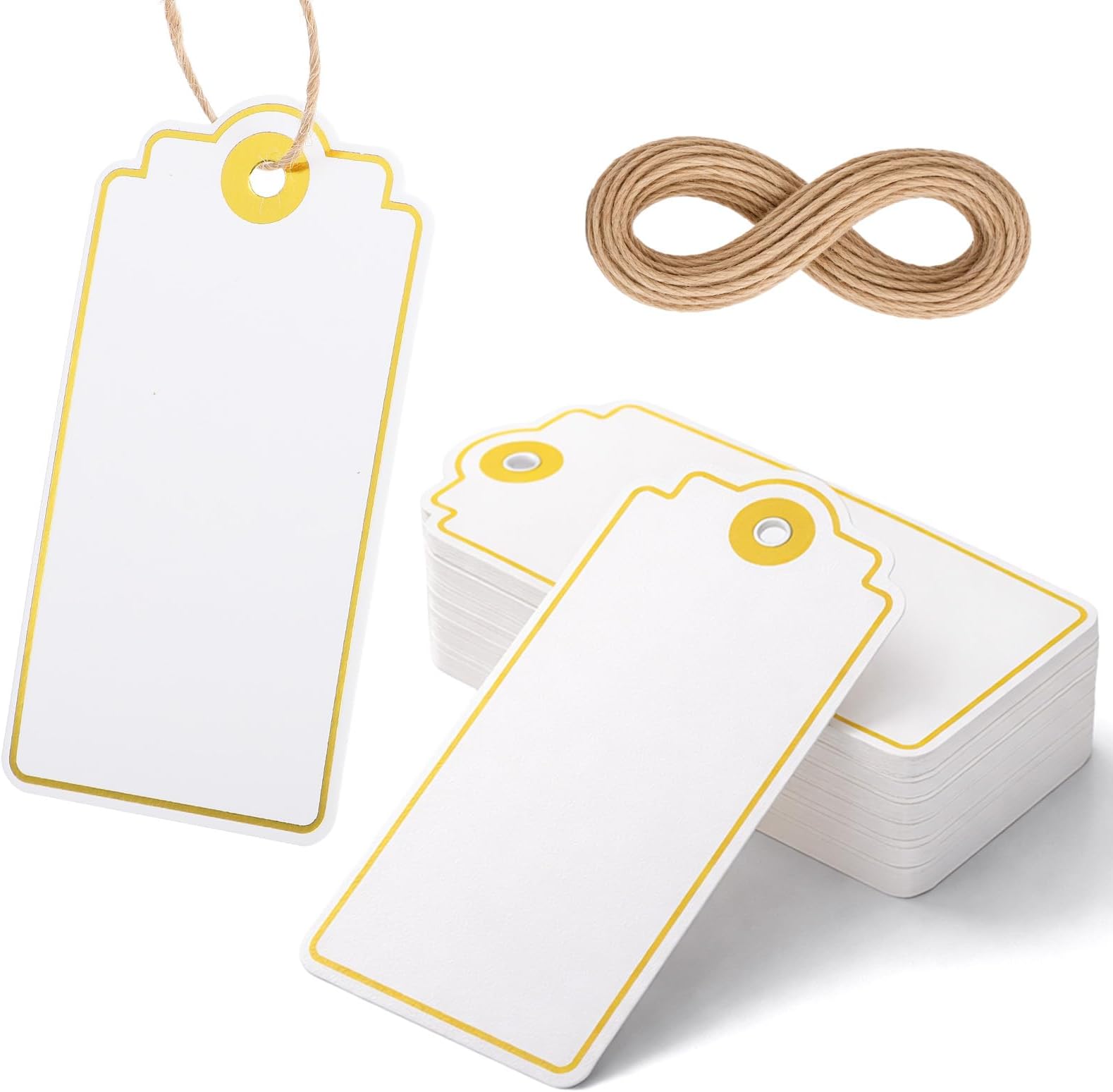 50 PCS Gift Tags with String Attached, Blank Hanging Gift Tags for Presents, Paper Gold White Gifts Tag for DIY Crafts, Birthday, Holiday Favor, Price Tag(3.5×1.8inch)