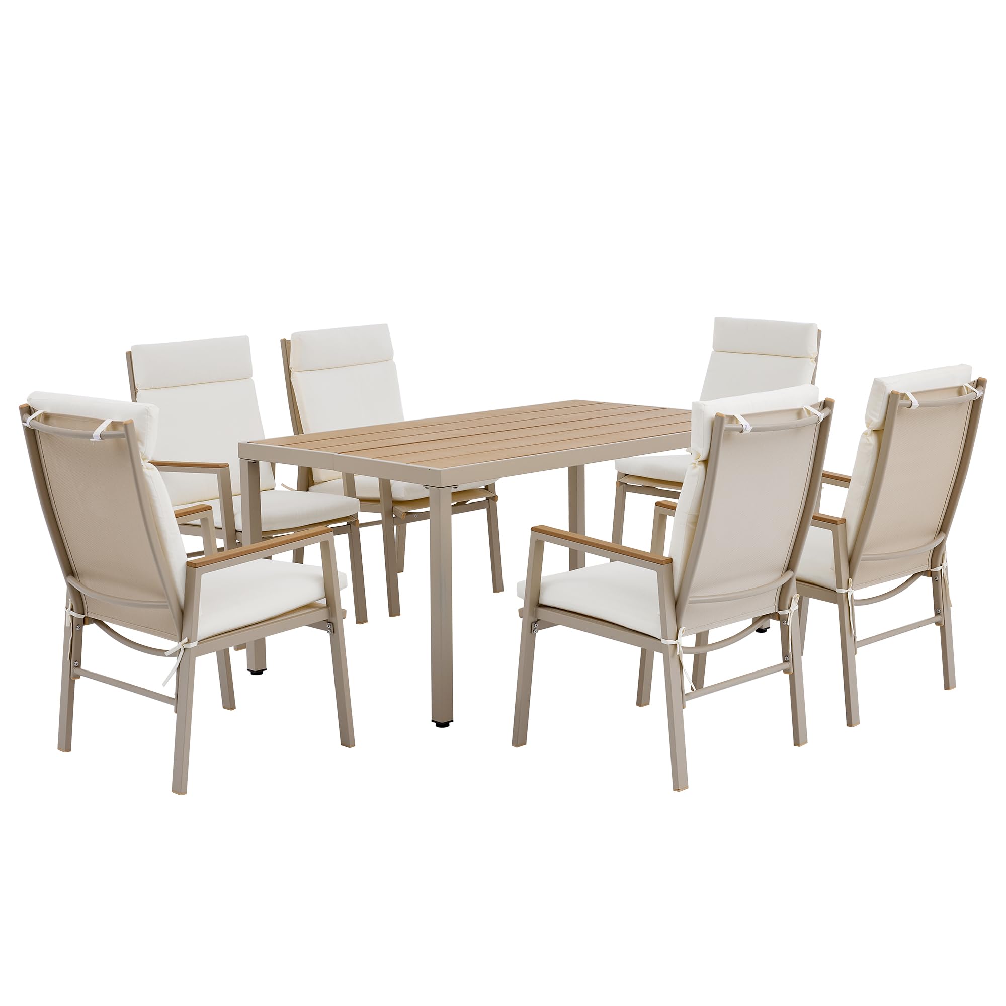 Shye Set da pranzo da giardino, 6 persone, 1 tavolo e 6 sedie, ferro zincato, piano in legno di plastica, cachi, beige